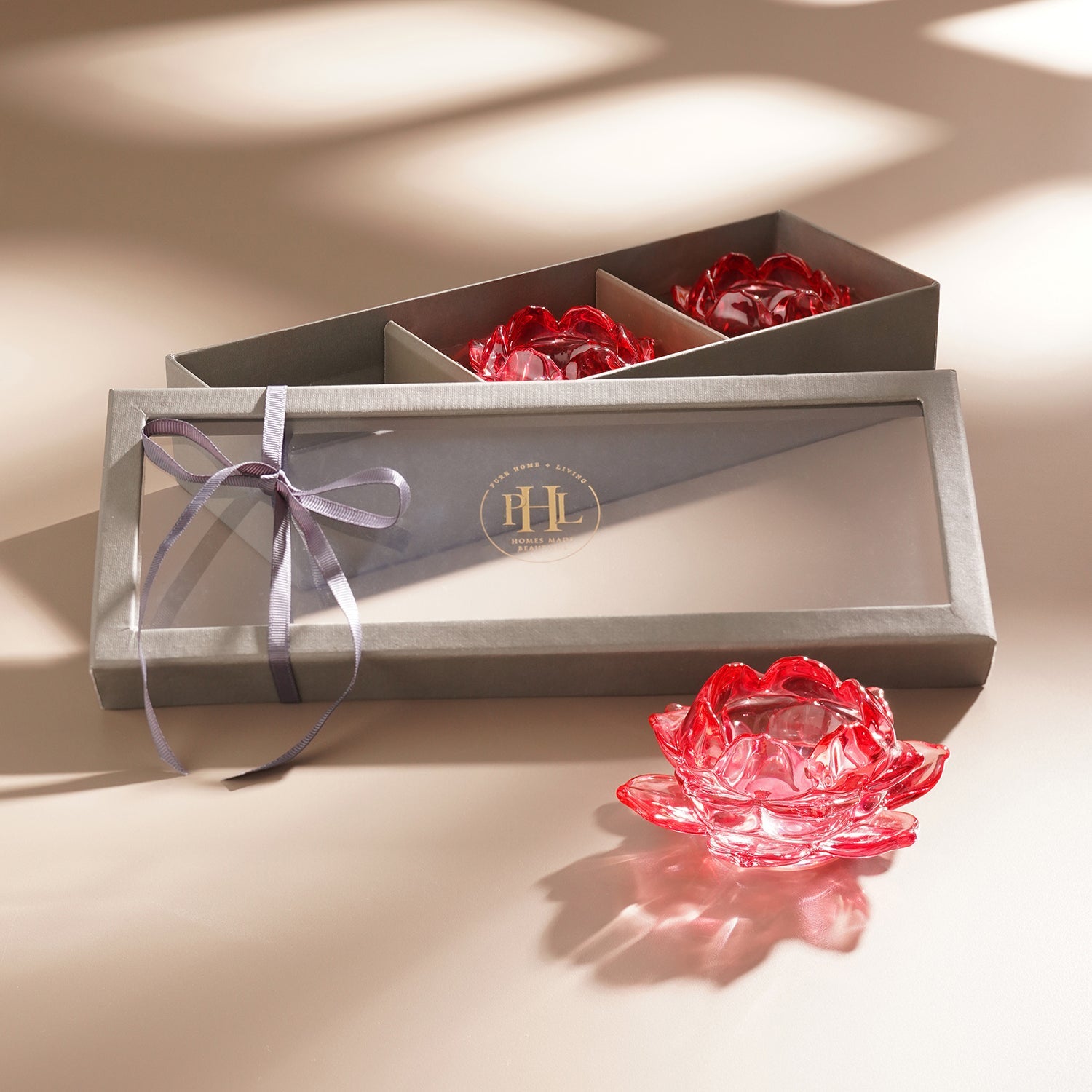 Set of 3 Red Glass Lotus Shaped Tealight Holders