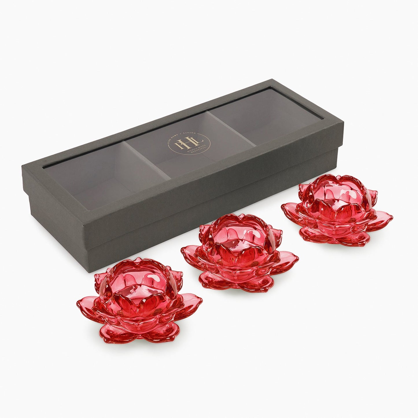 Set of 3 Red Glass Lotus Shaped Tealight Holders