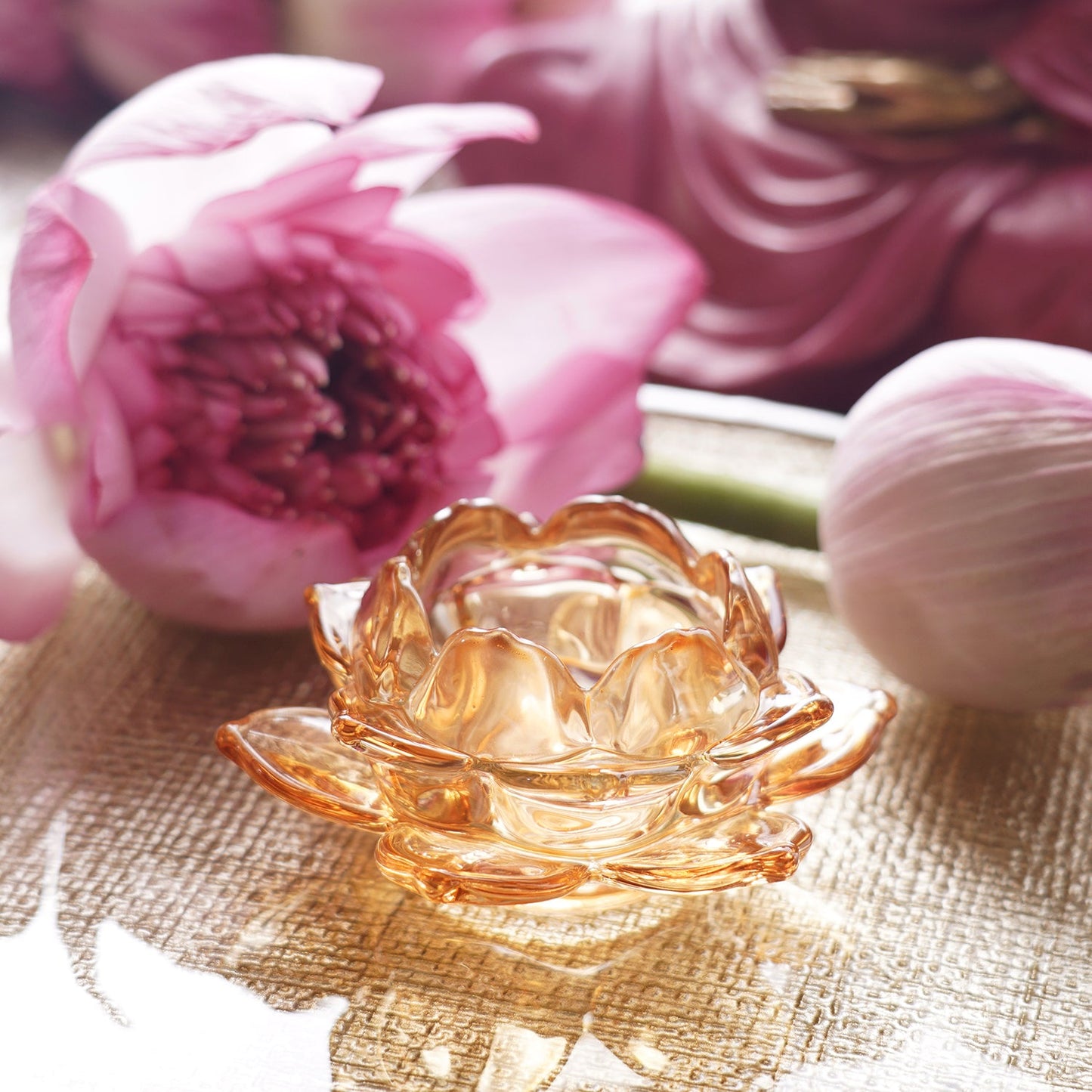 Set of 3 Light Amber Glass Lotus Shaped Tealight Holders