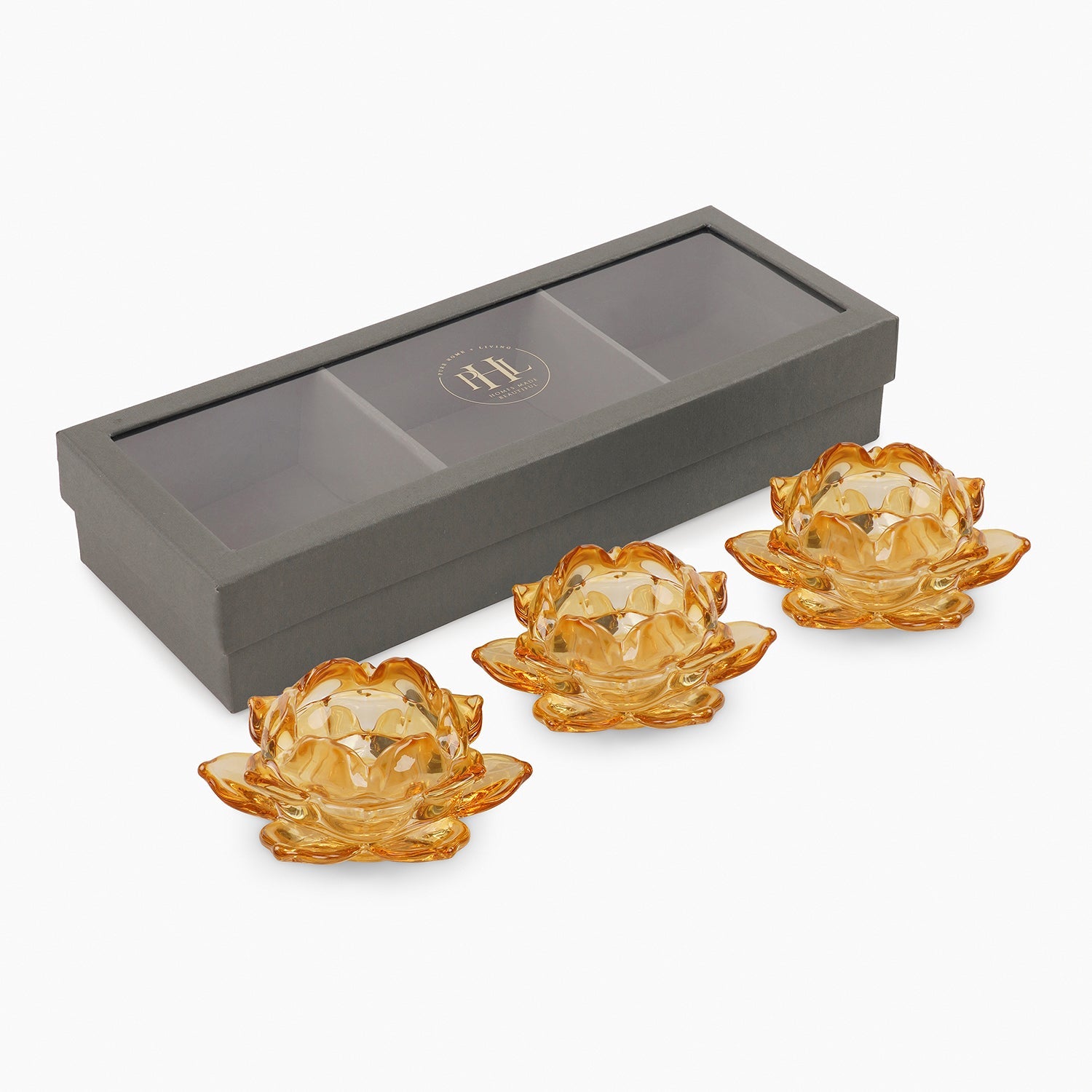 Set of 3 Light Amber Glass Lotus Shaped Tealight Holders