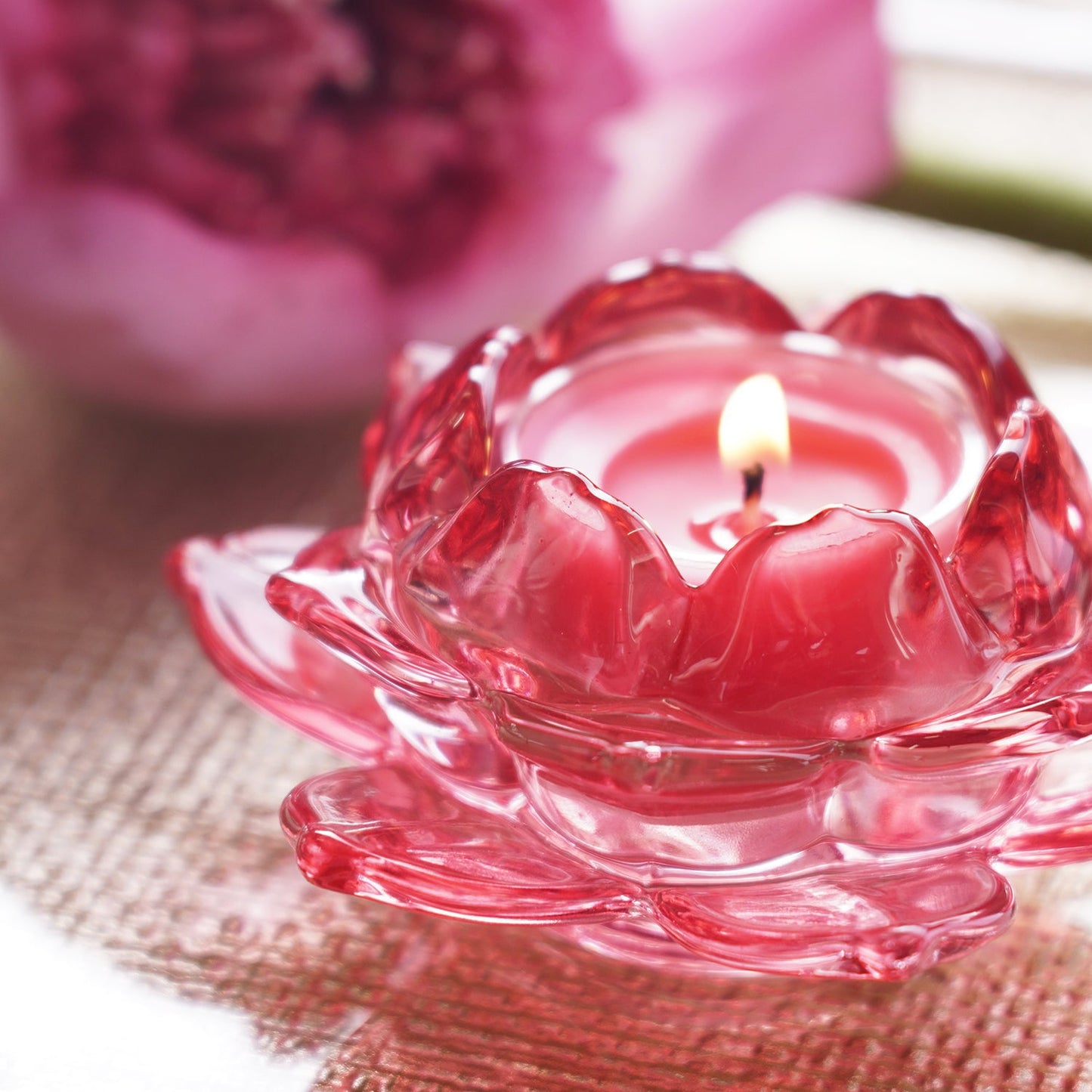 Set of 3 Pink Glass Lotus Shaped Tealight Holders