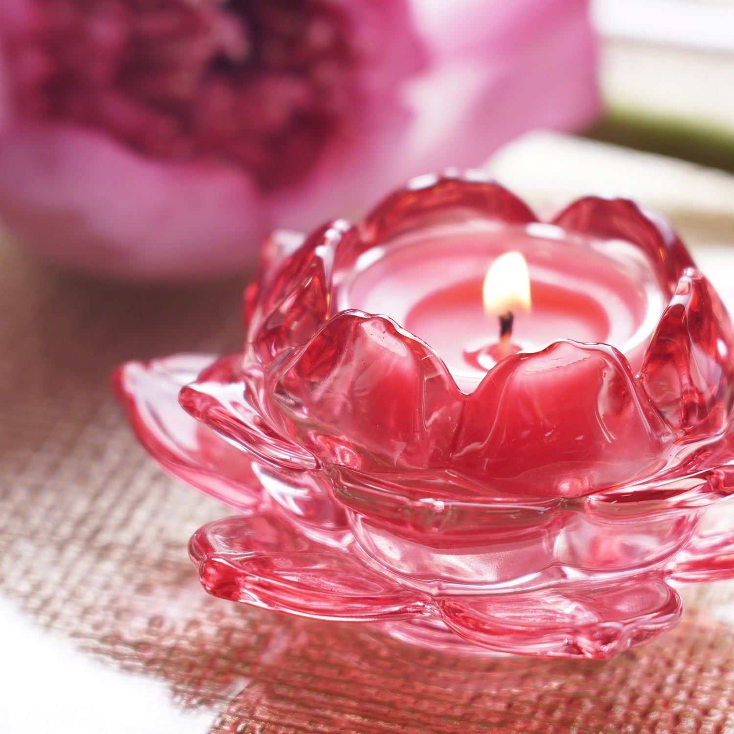 Set of 3 Pink Glass Lotus Shaped Tealight Holders