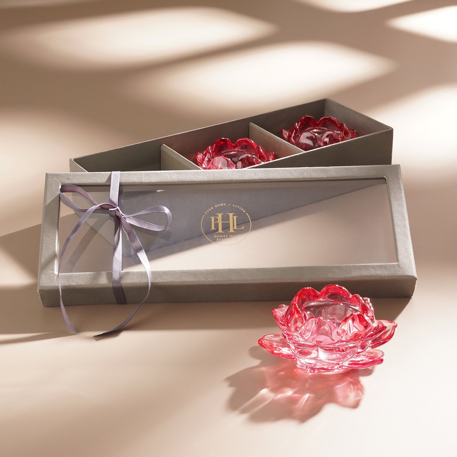 Set of 3 Pink Glass Lotus Shaped Tealight Holders