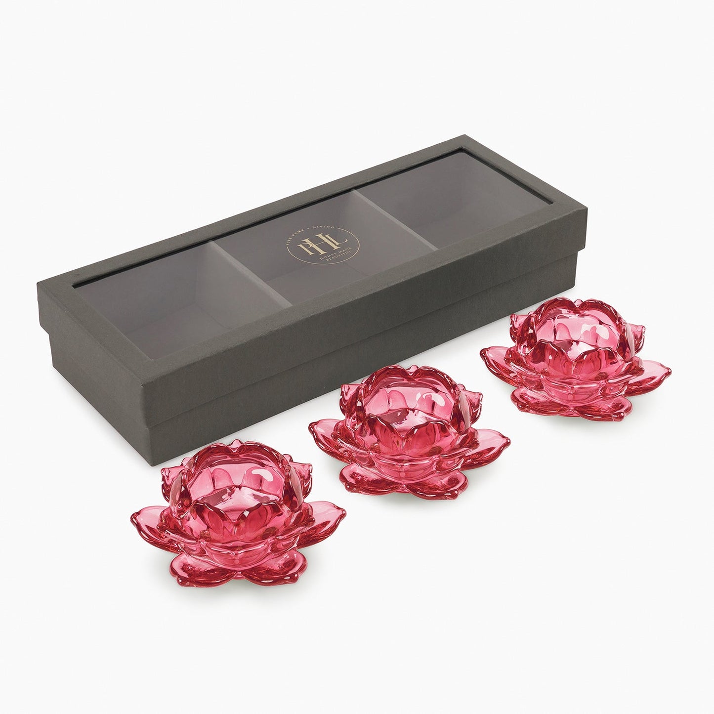Set of 3 Pink Glass Lotus Shaped Tealight Holders