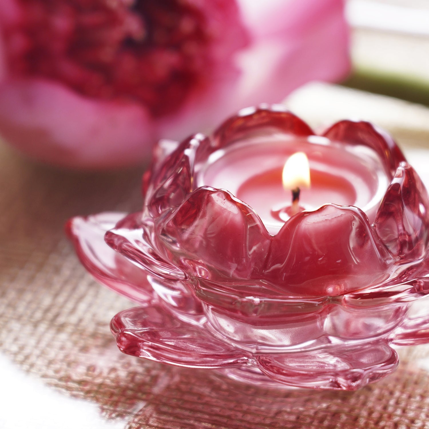 Set of 3 Rose Coloured Glass Lotus Shaped Tealight Holders