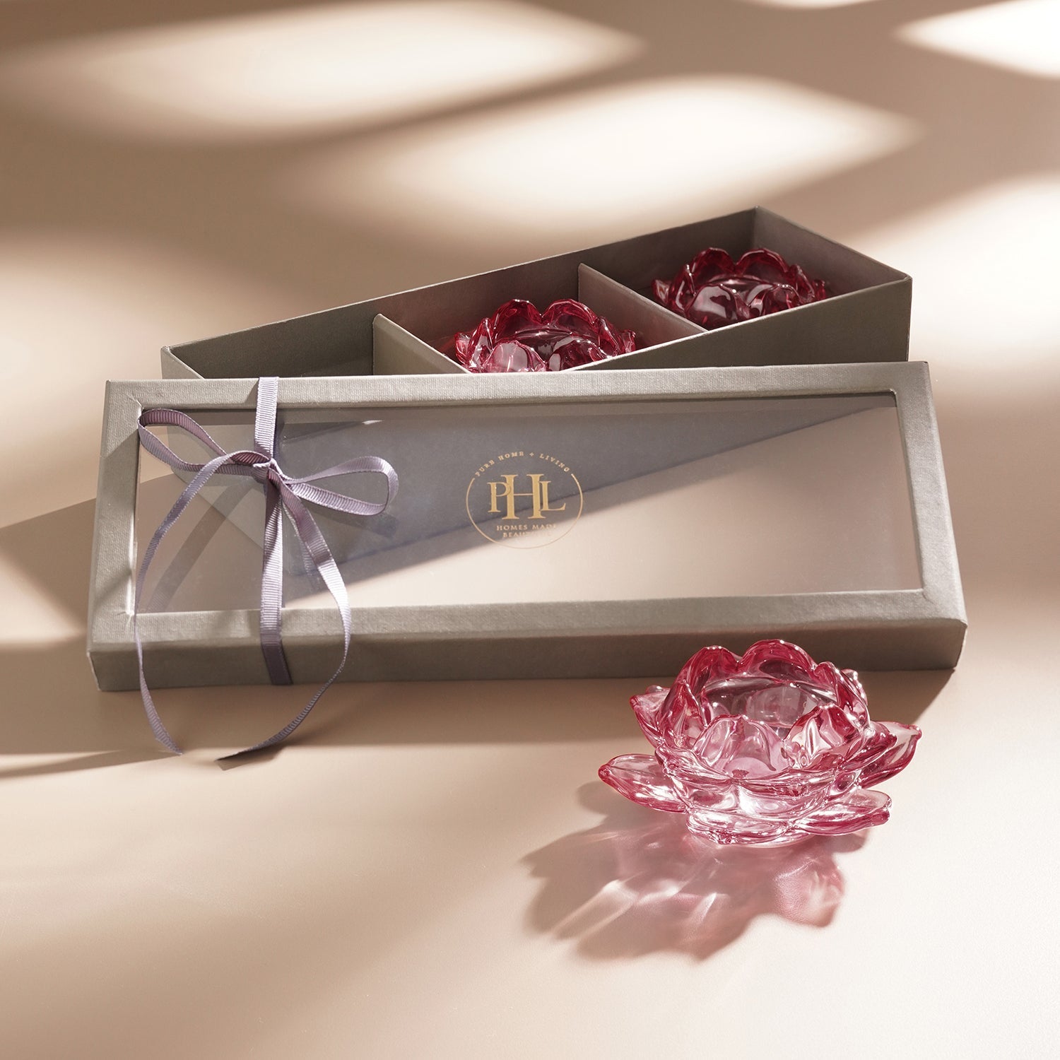 Set of 3 Rose Coloured Glass Lotus Shaped Tealight Holders