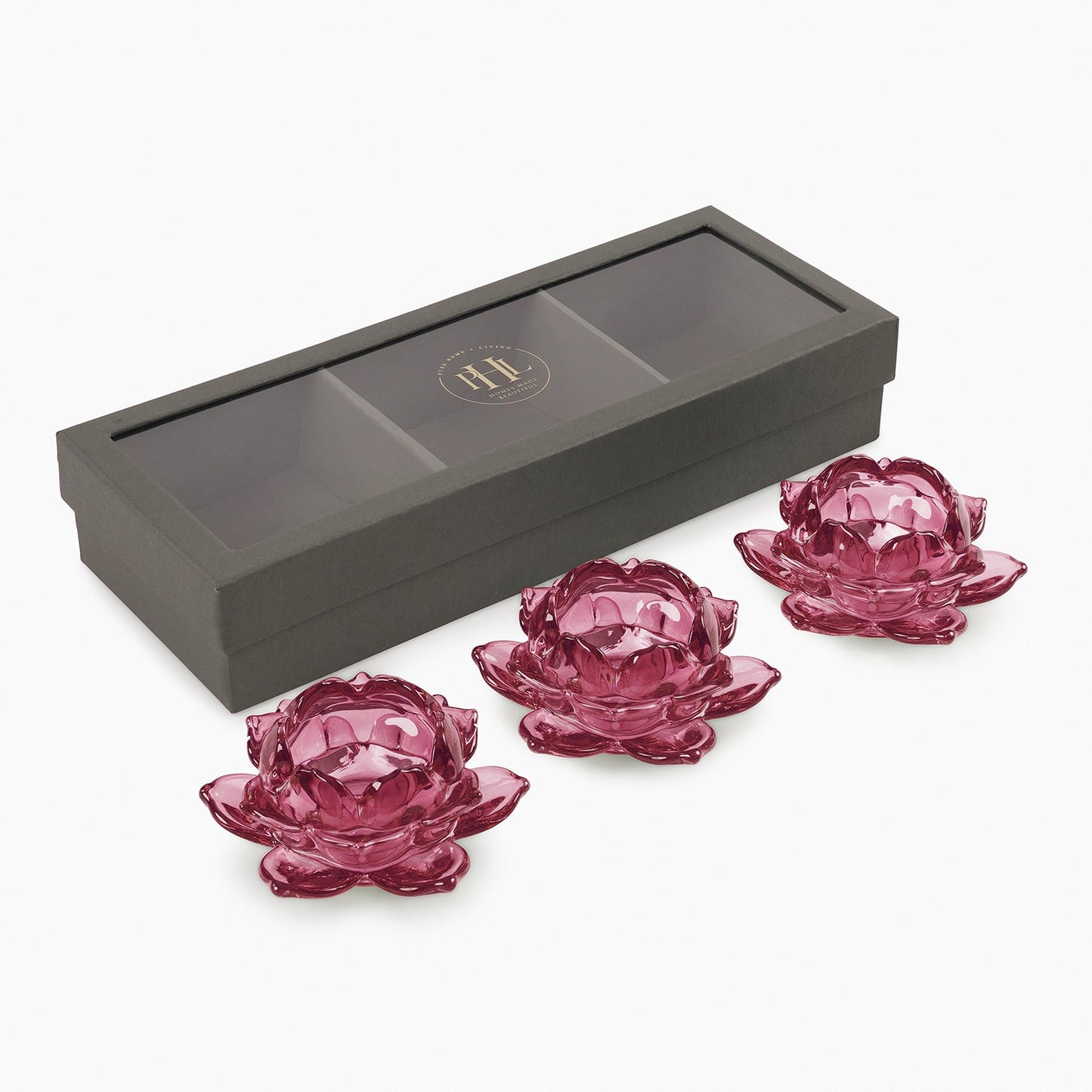 Set of 3 Rose Coloured Glass Lotus Shaped Tealight Holders