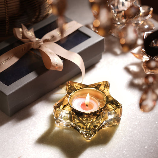 Set of 2 Amber Glass Star Shaped Tealight Holders