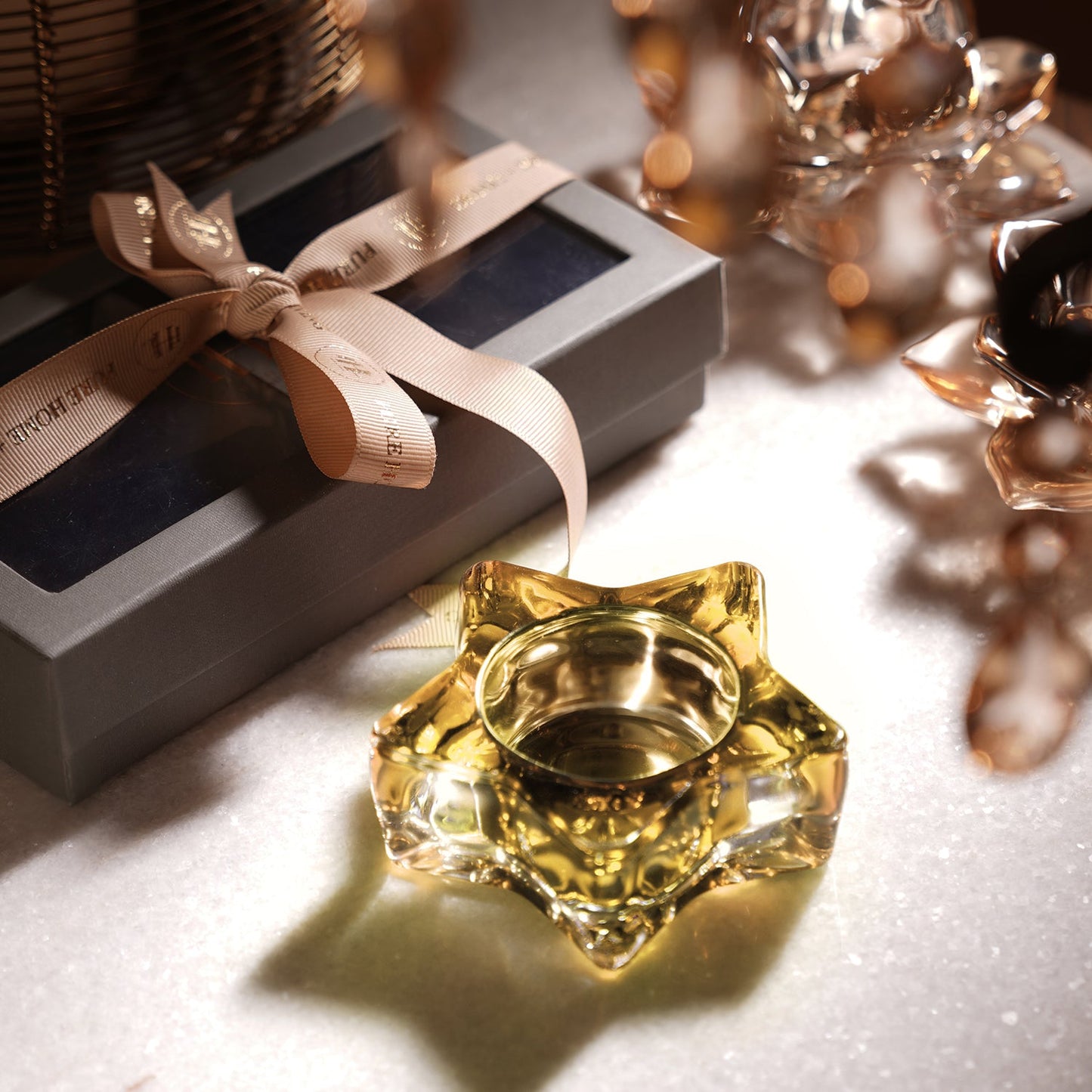 Set of 2 Amber Glass Star Shaped Tealight Holders