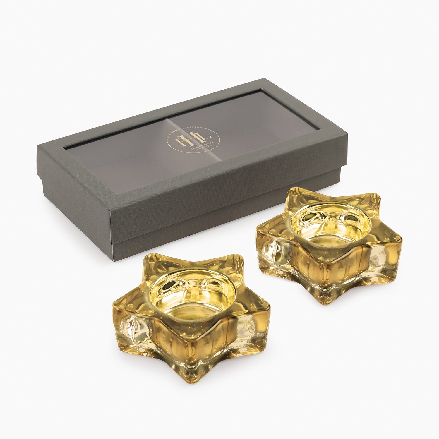 Set of 2 Amber Glass Star Shaped Tealight Holders