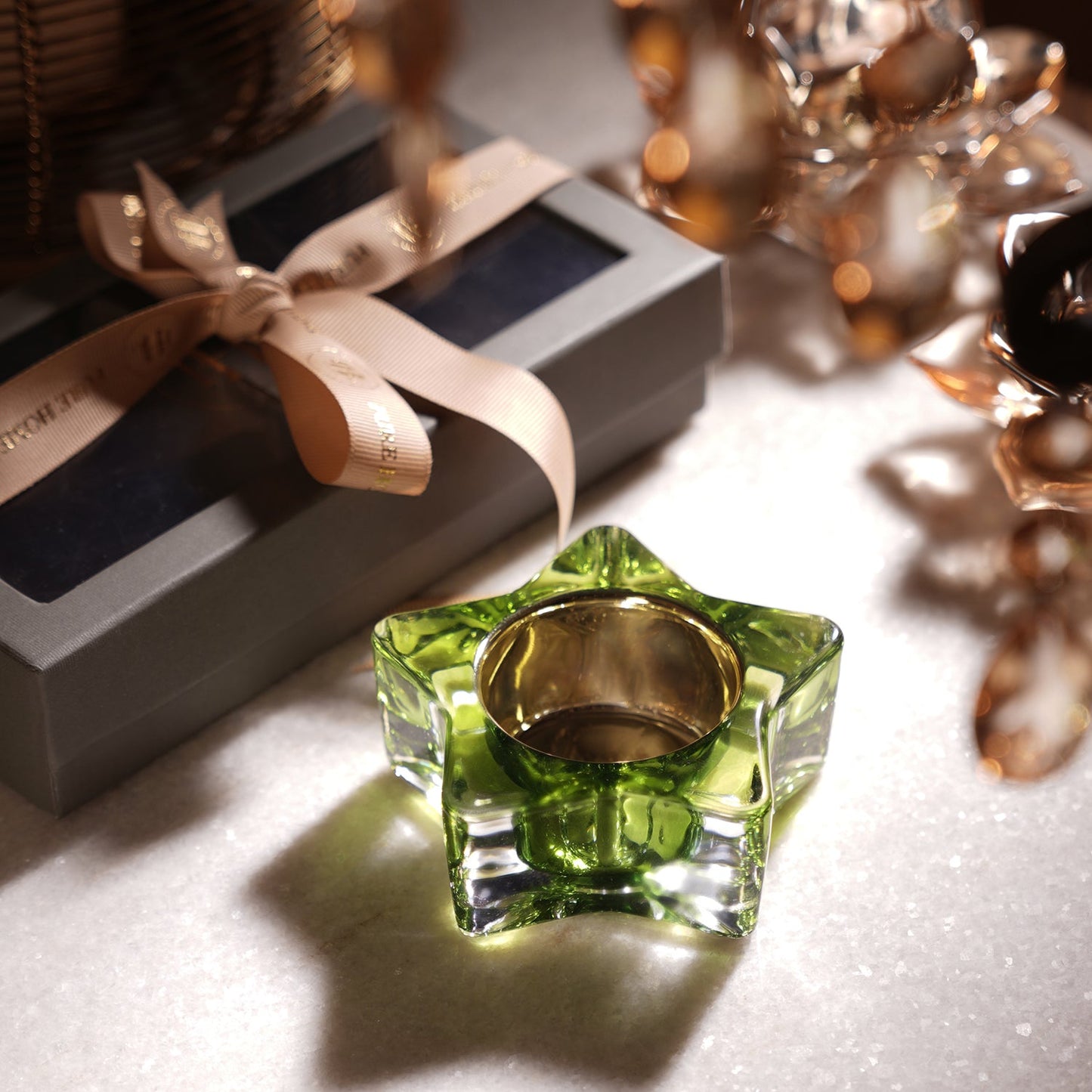 Set of 2 Green Glass Star Shaped Tealight Holders