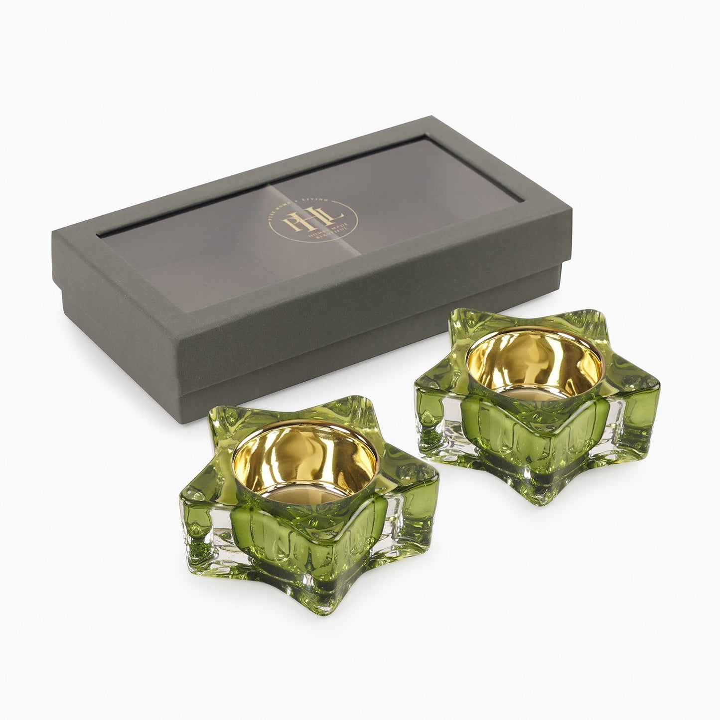 Set of 2 Green Glass Star Shaped Tealight Holders