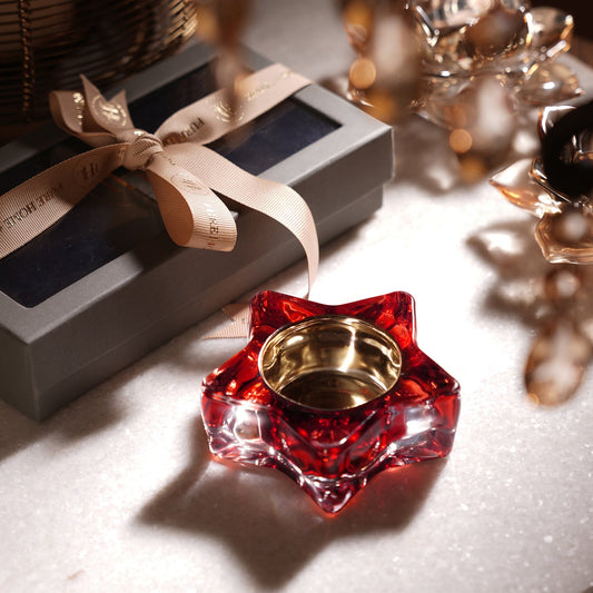 Set of 2 Red Glass Star Shaped Tealight Holders