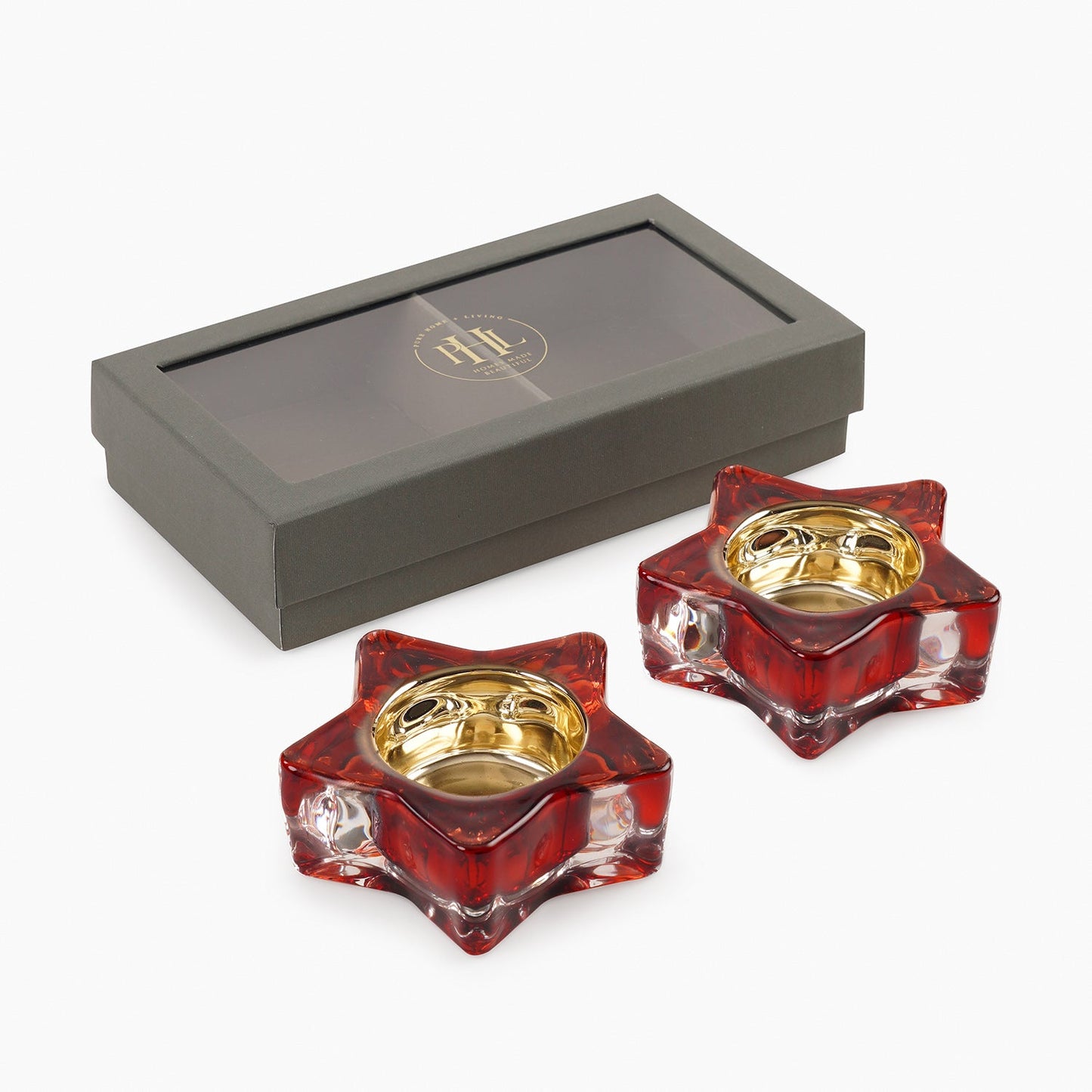 Set of 2 Red Glass Star Shaped Tealight Holders