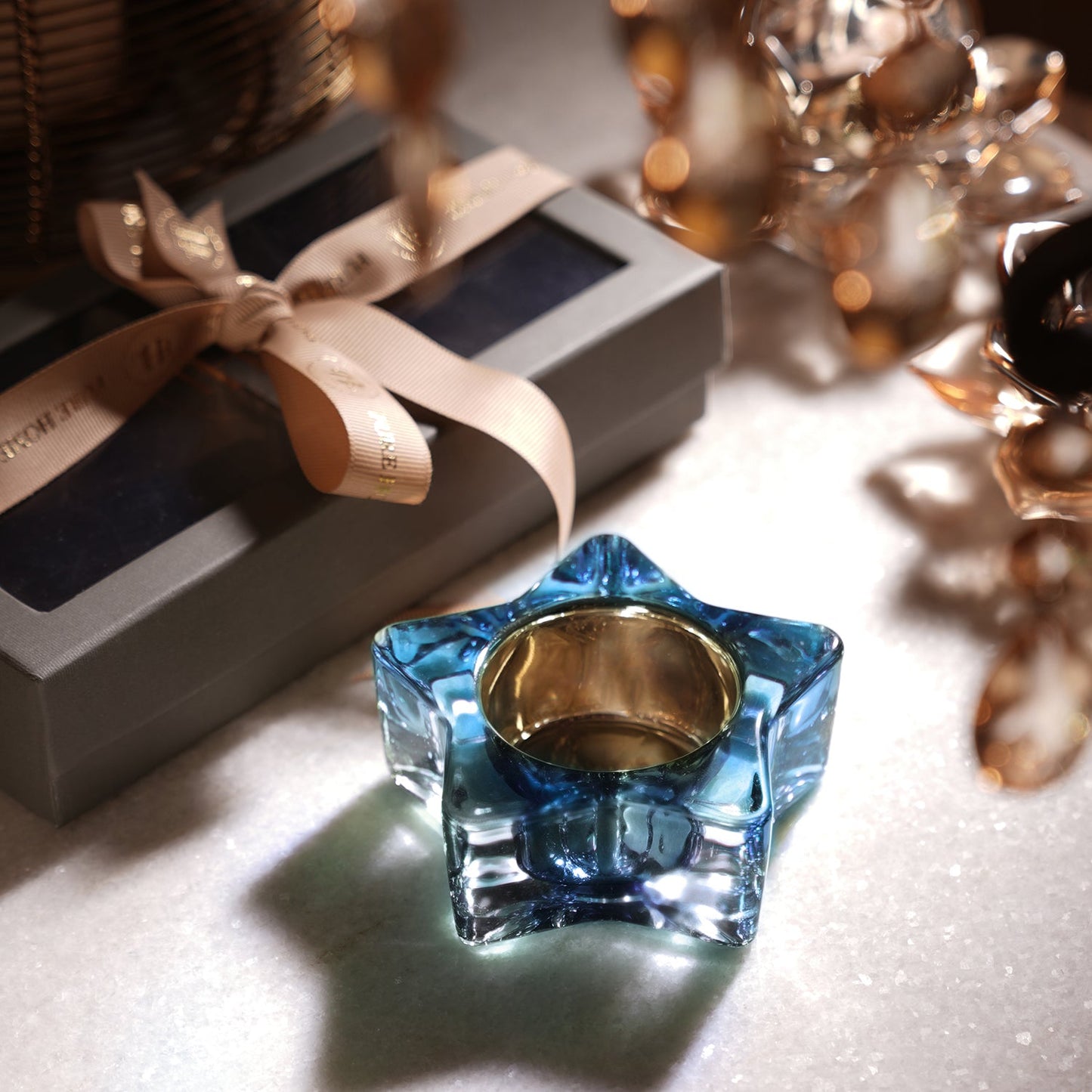 Set of 2 Blue Glass Star Shaped Tealight Holders