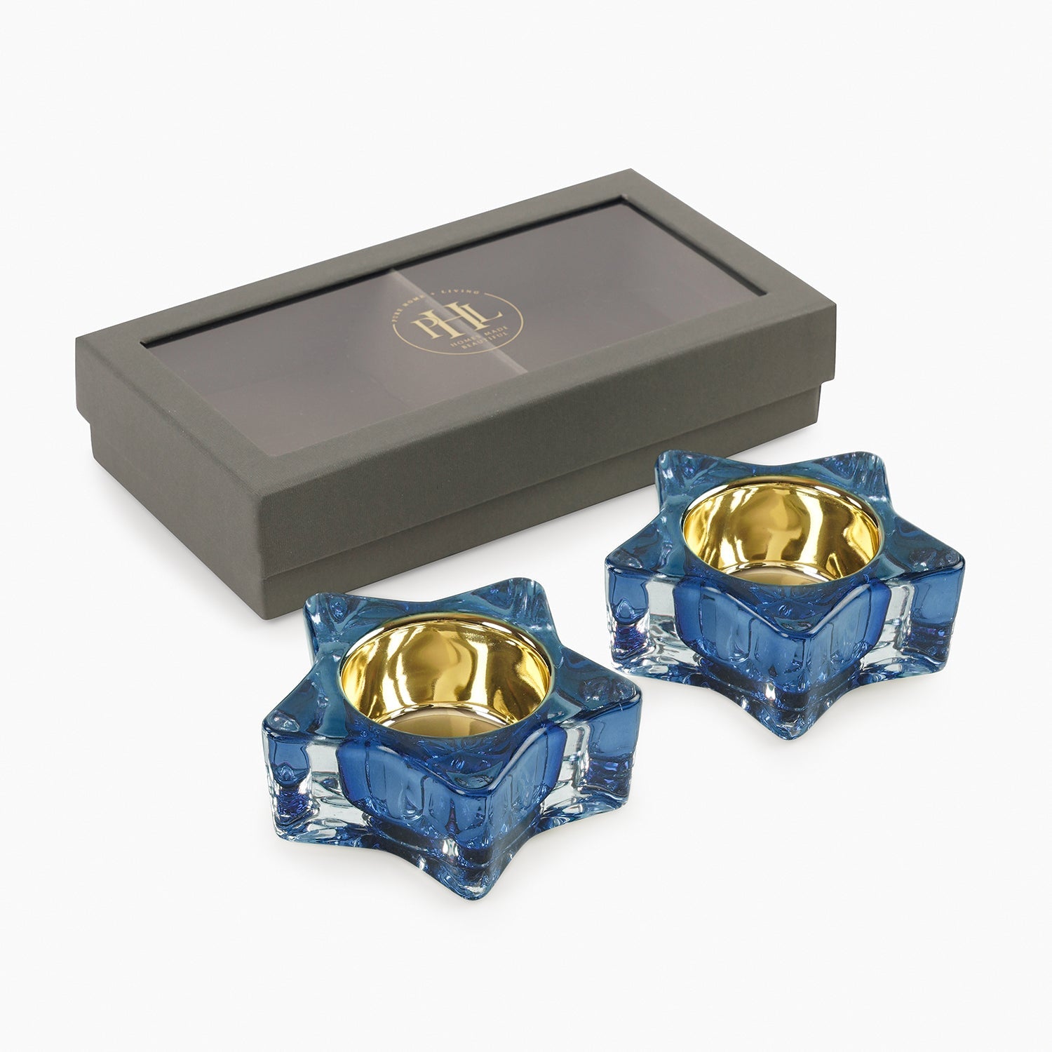 Set of 2 Blue Glass Star Shaped Tealight Holders