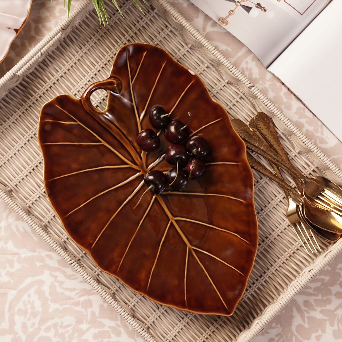 Brown Cinnabar Elephant Ear Leaf Shaped Ceramic Platter