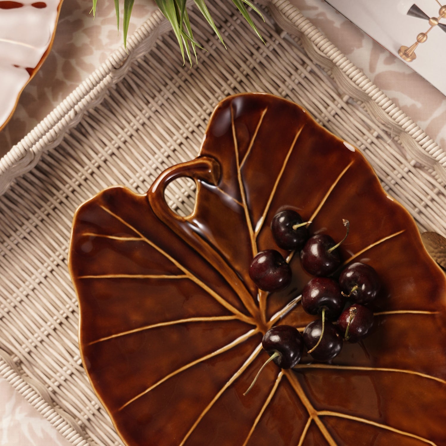 Brown Cinnabar Elephant Ear Leaf Shaped Ceramic Platter