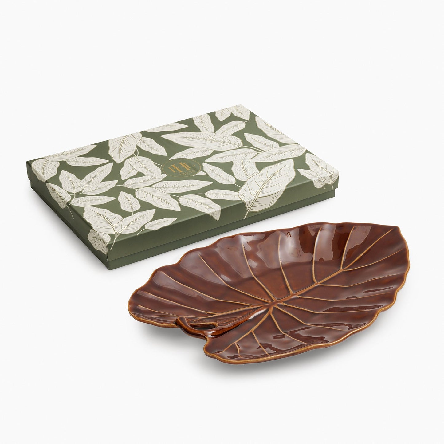 Brown Cinnabar Elephant Ear Leaf Shaped Ceramic Platter