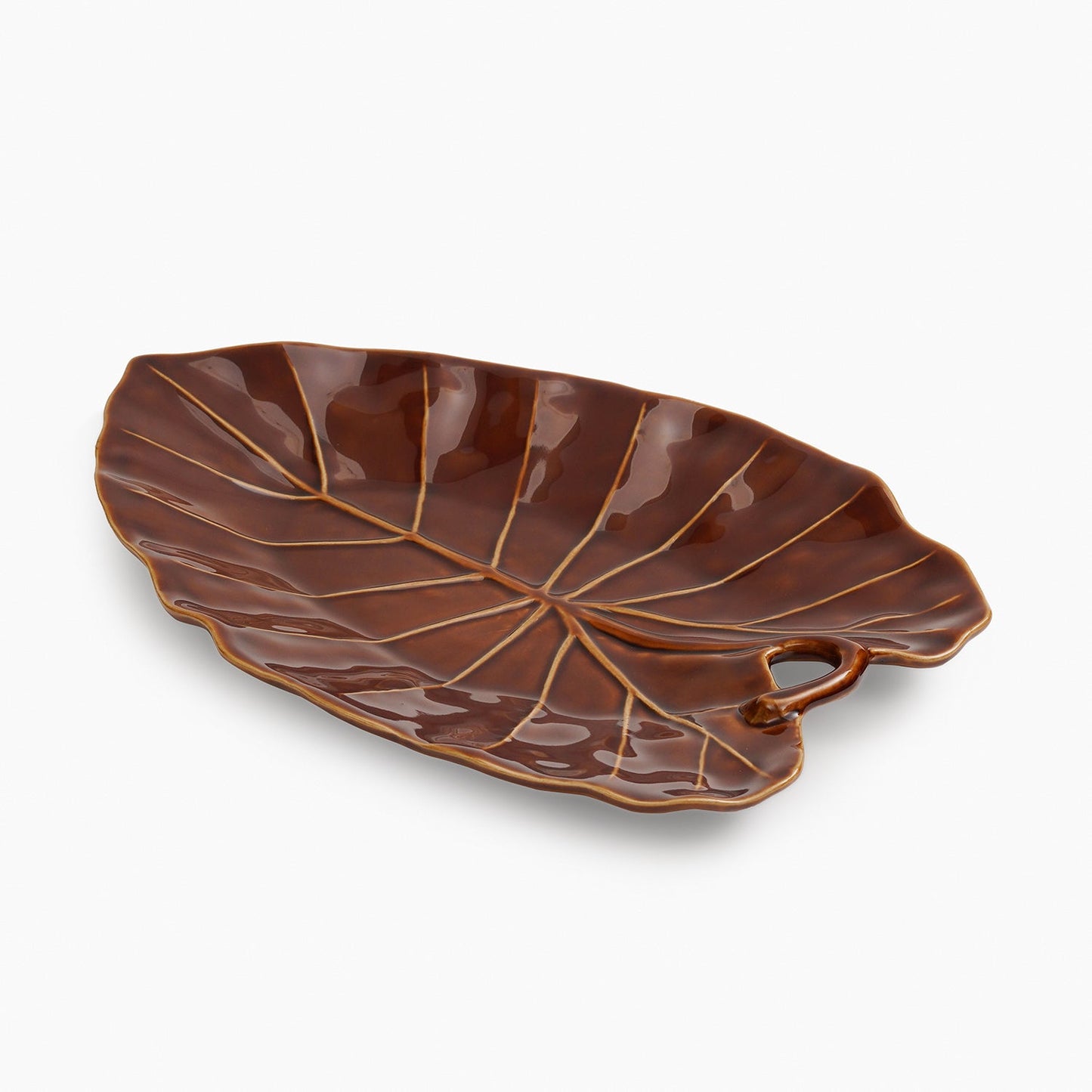 Brown Cinnabar Elephant Ear Leaf Shaped Ceramic Platter