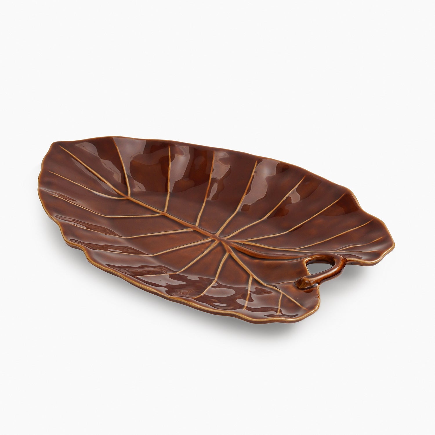 Brown Cinnabar Elephant Ear Leaf Shaped Ceramic Platter