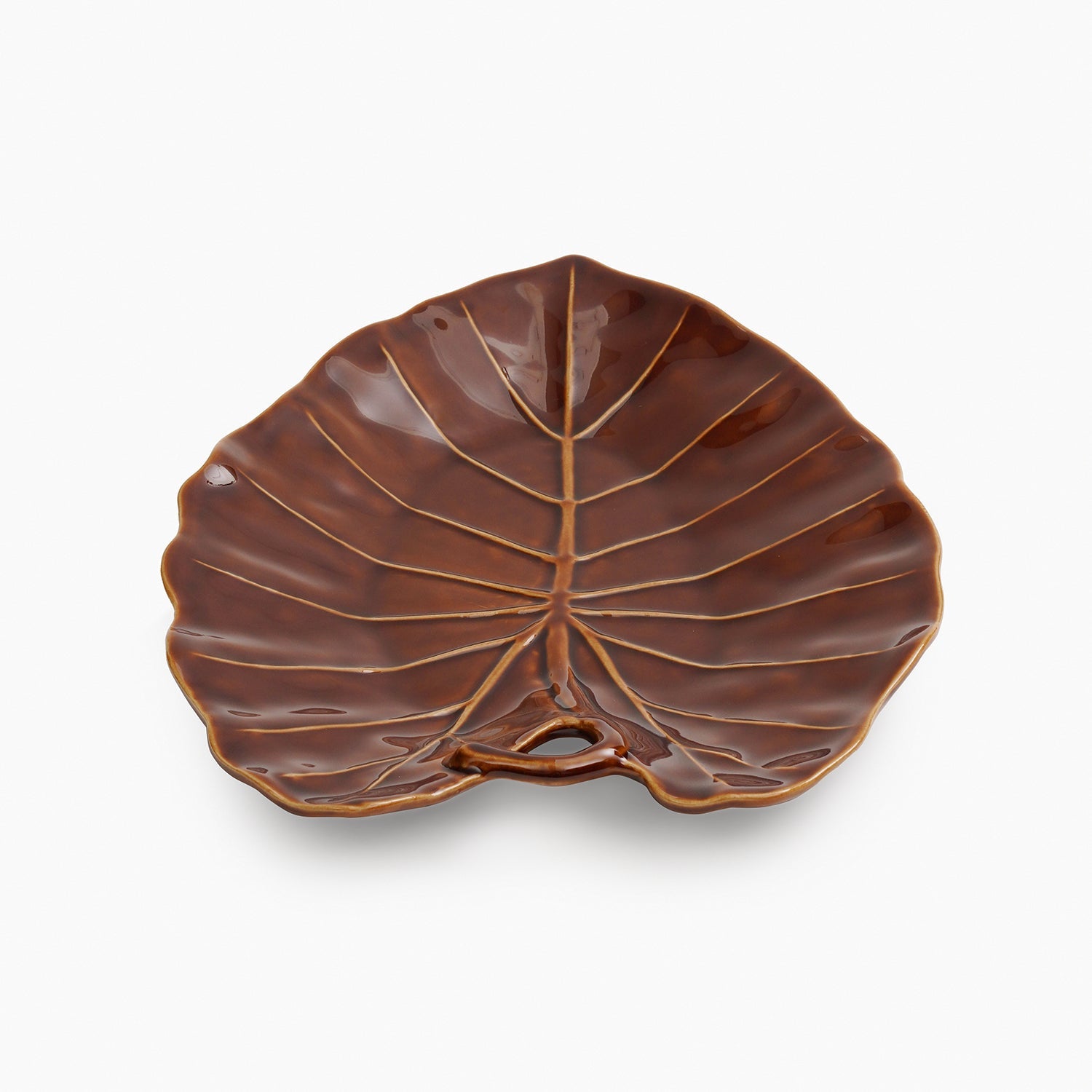Brown Cinnabar Elephant Ear Leaf Shaped Ceramic Platter