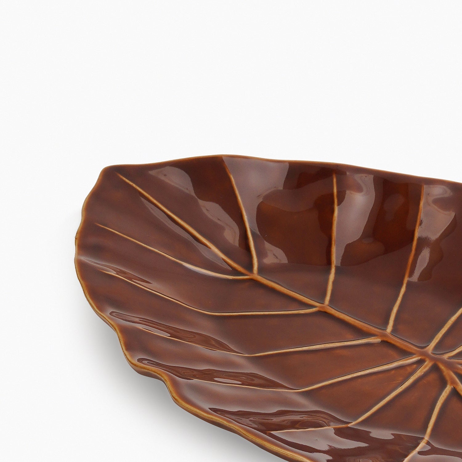 Brown Cinnabar Elephant Ear Leaf Shaped Ceramic Platter
