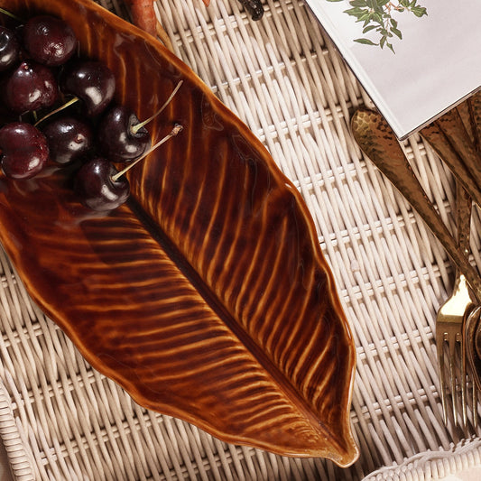 Brown Willow Leaf Shaped Ceramic Platter