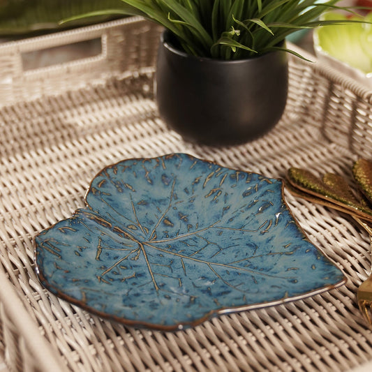 Blue Leaf Shaped Ceramic Platter