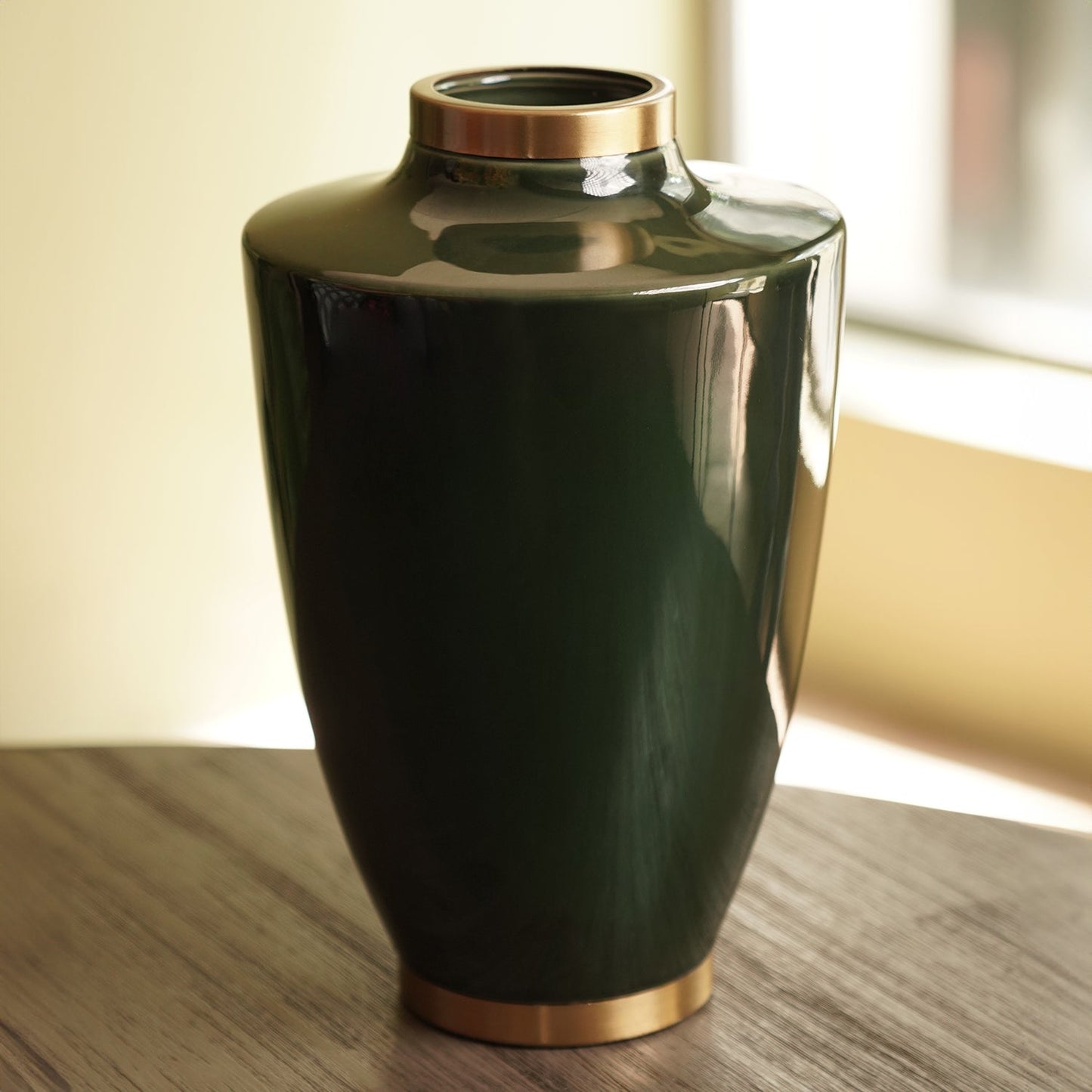 Green Bottleneck Ceramic Vase with Gold Rim - Large