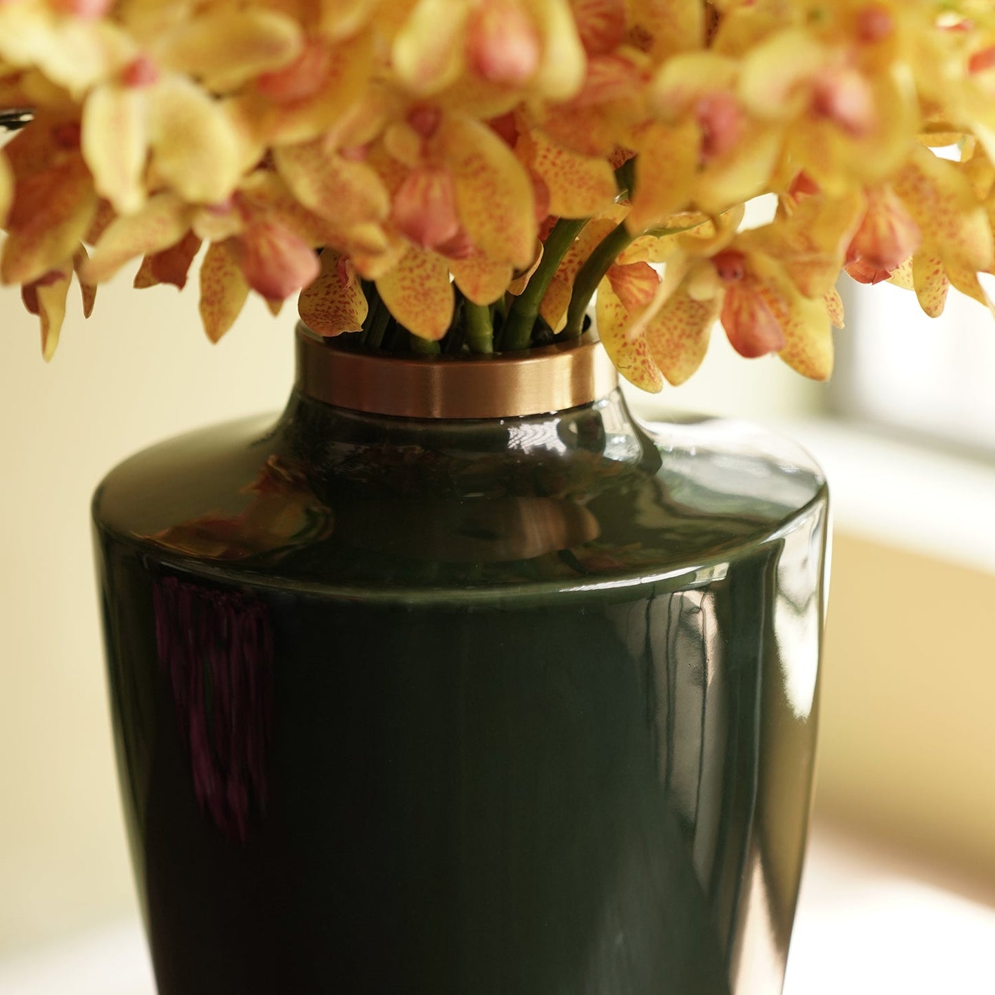 Green Bottleneck Ceramic Vase with Gold Rim - Large