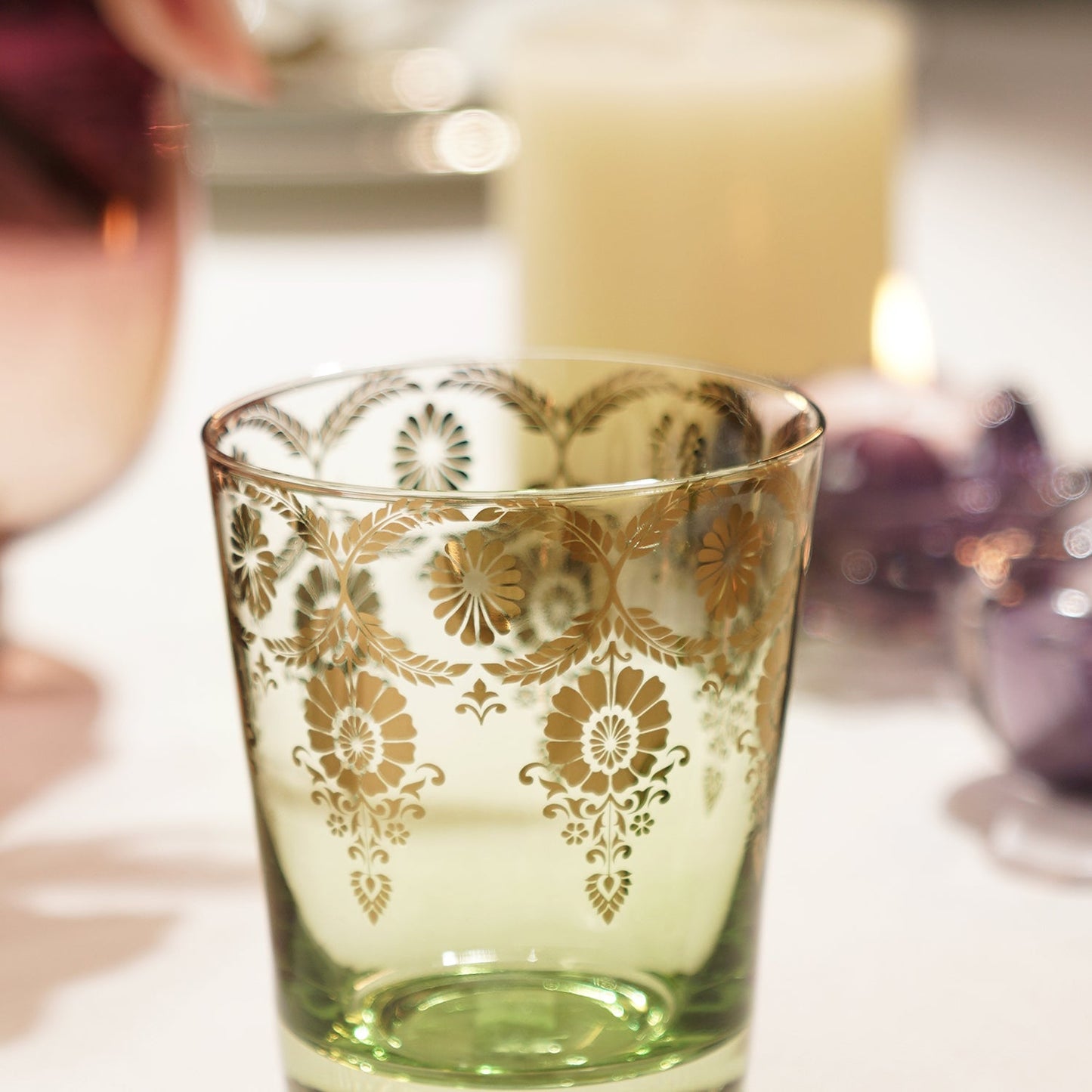 Set of 2 Green and Gold Overlay Drinking Glasses