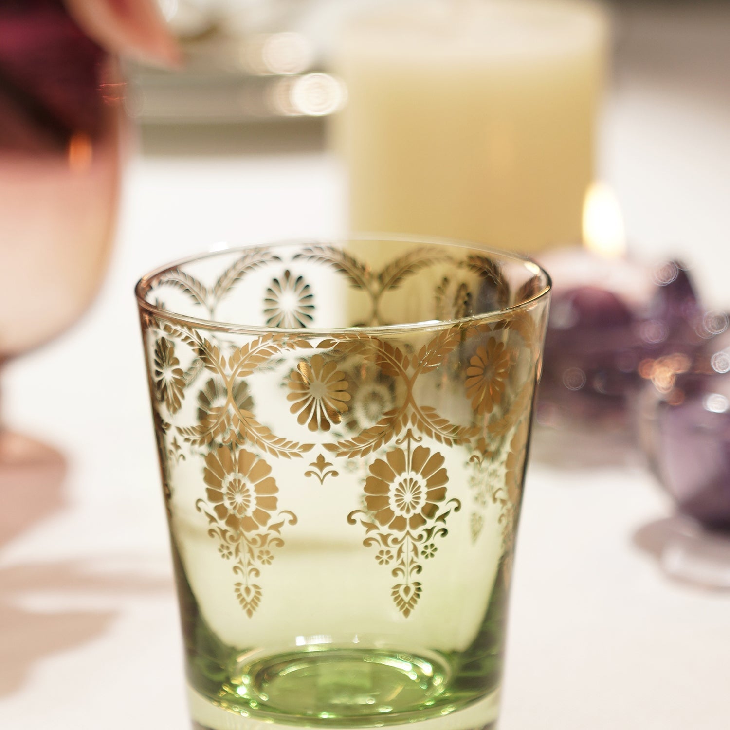 Set of 2 Green and Gold Overlay Drinking Glasses