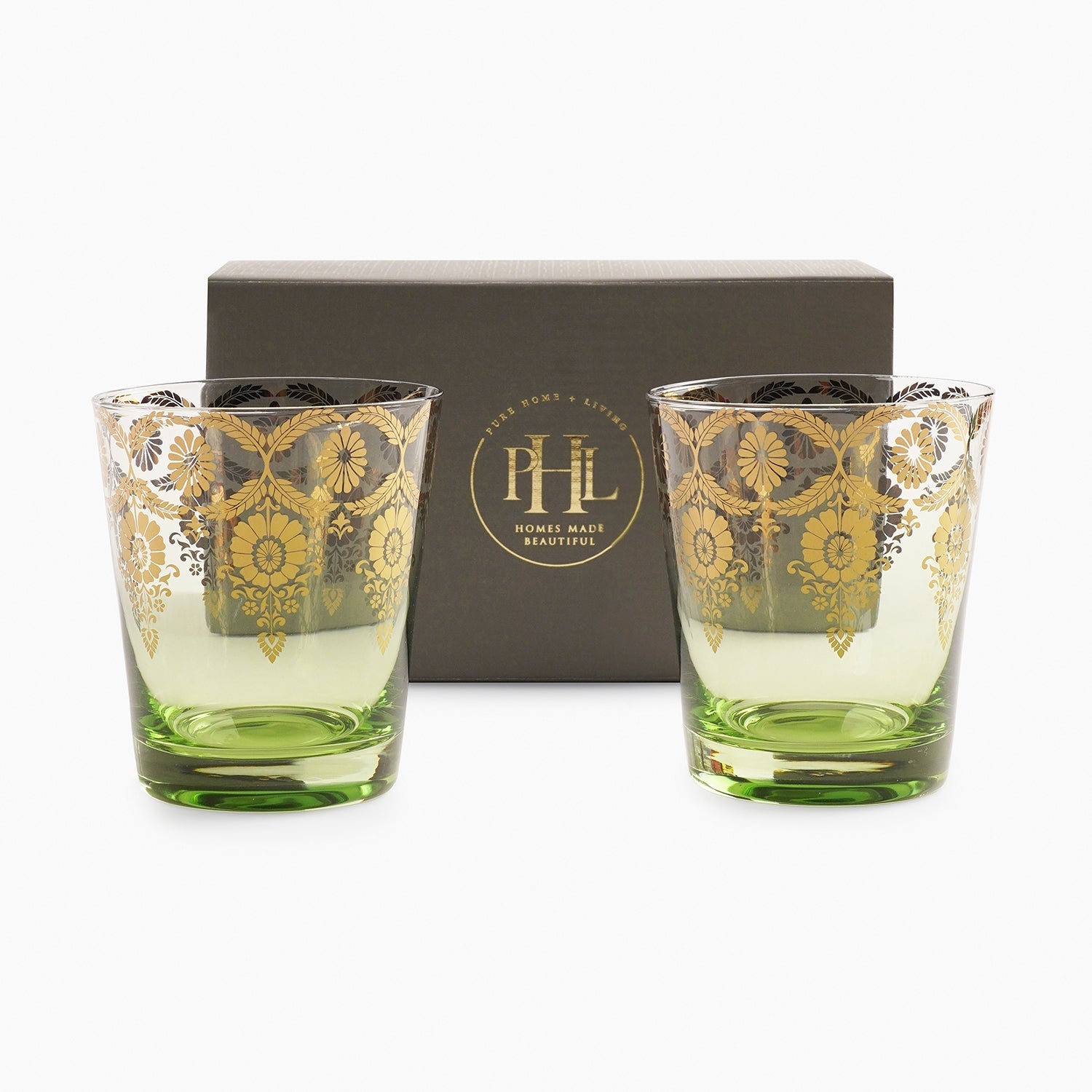 Set of 2 Green and Gold Overlay Drinking Glasses