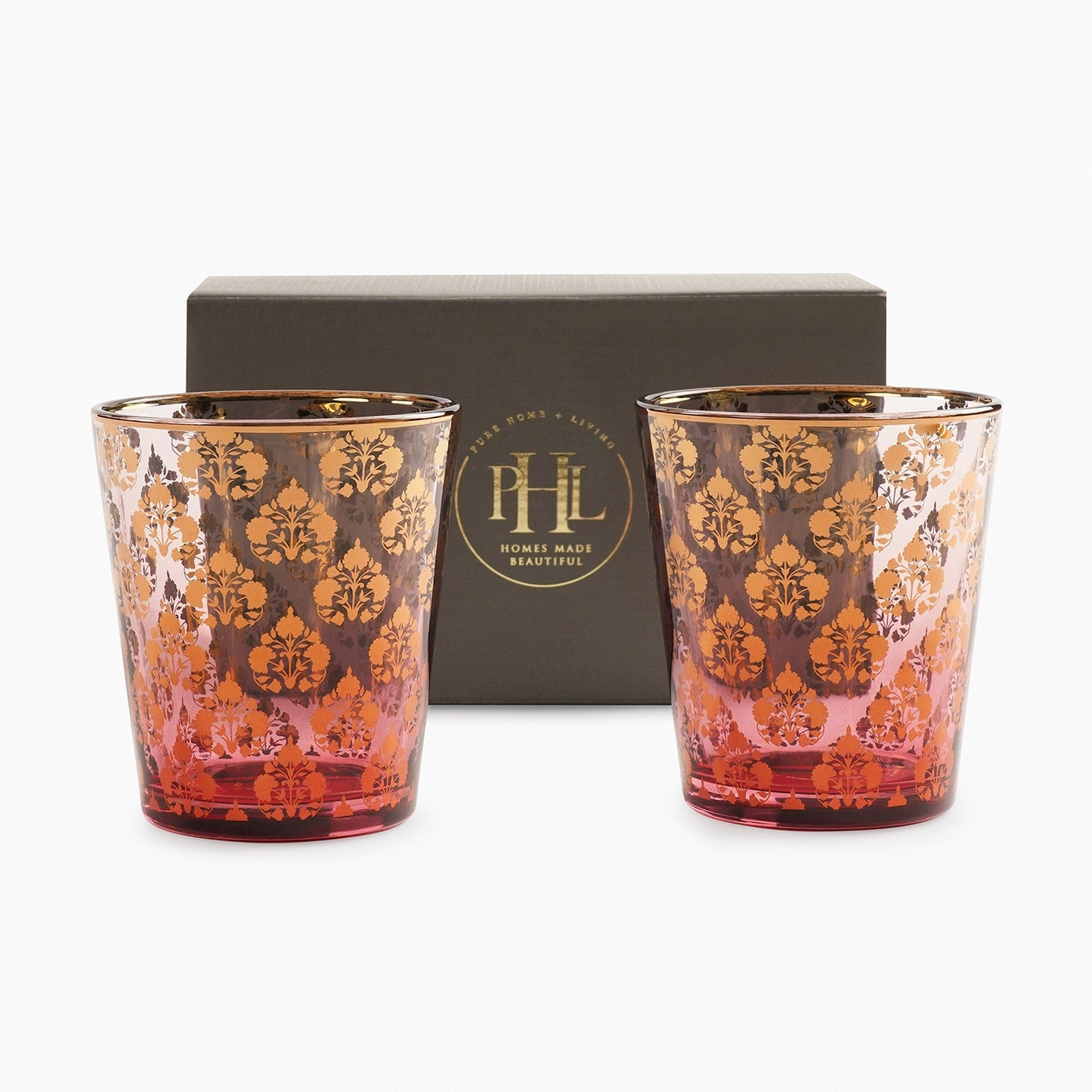 Set of 2 Red and Gold Overlay Drinking Glasses