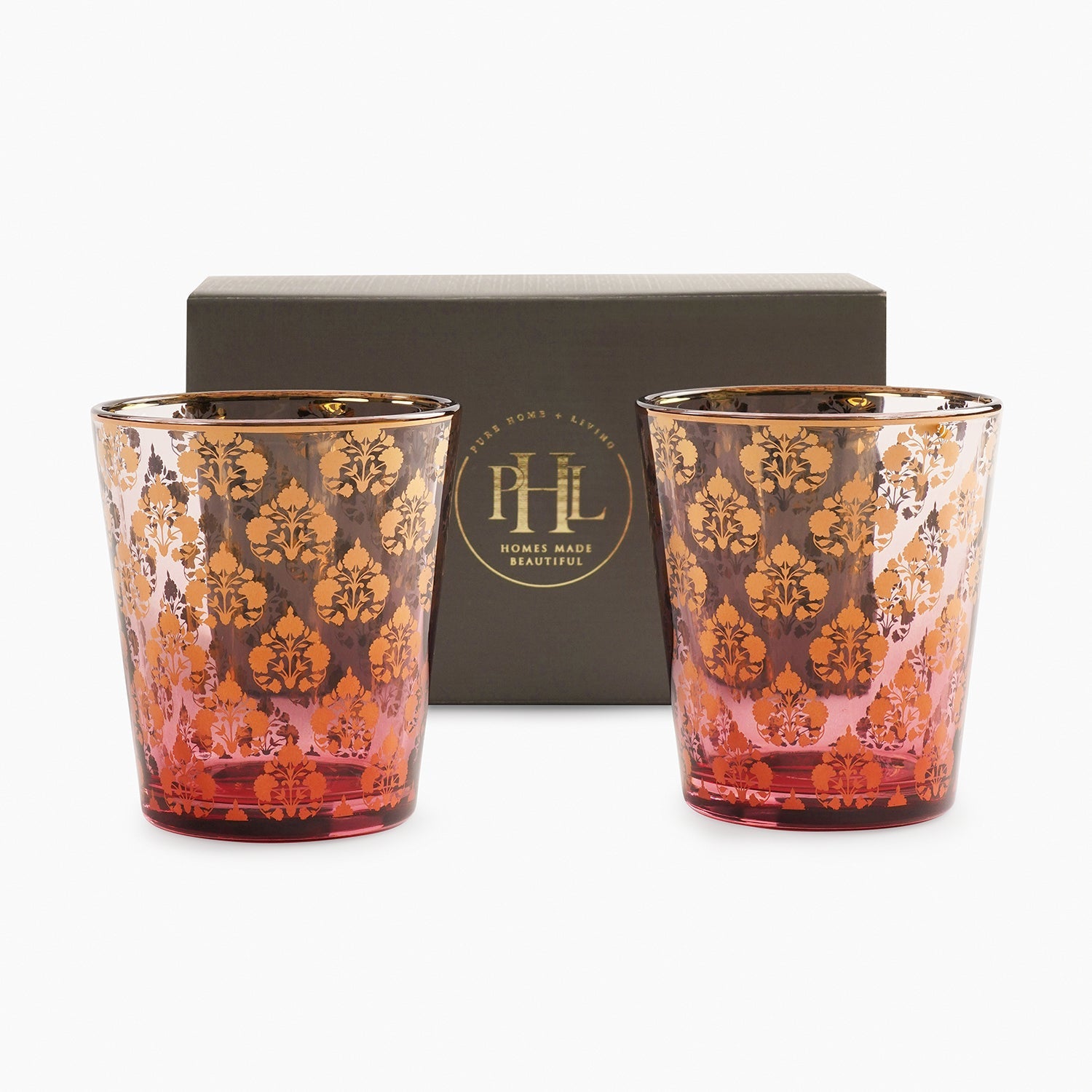 Set of 2 Red and Gold Overlay Drinking Glasses