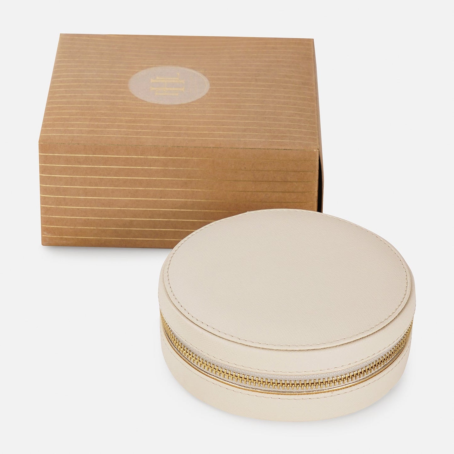 Cream Round Faux Leather Travel Jewellery Box