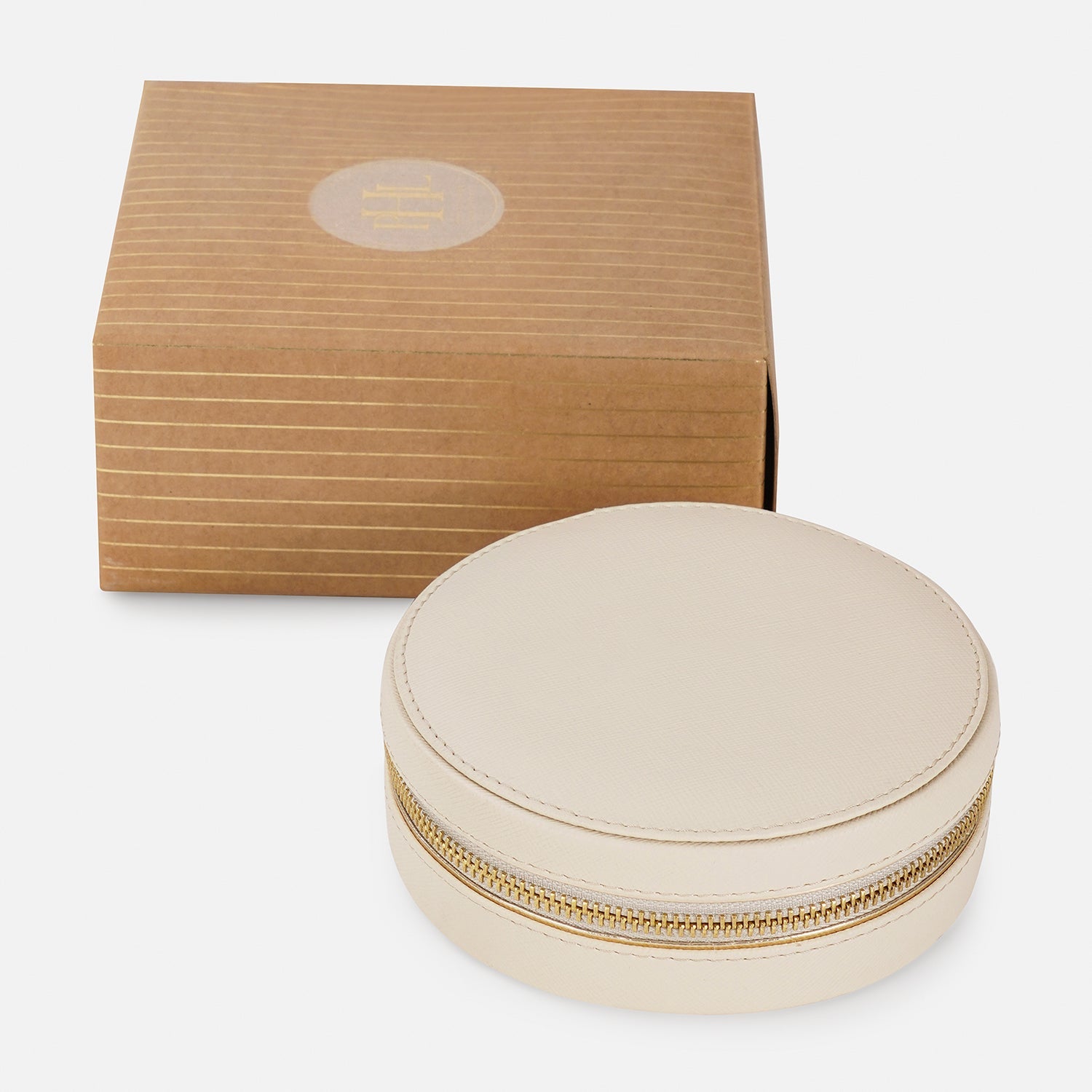 Cream Round Faux Leather Travel Jewellery Box