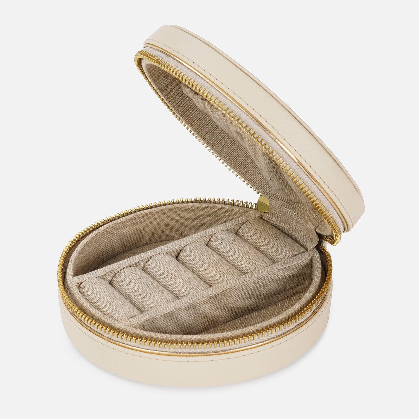 Cream Round Faux Leather Travel Jewellery Box
