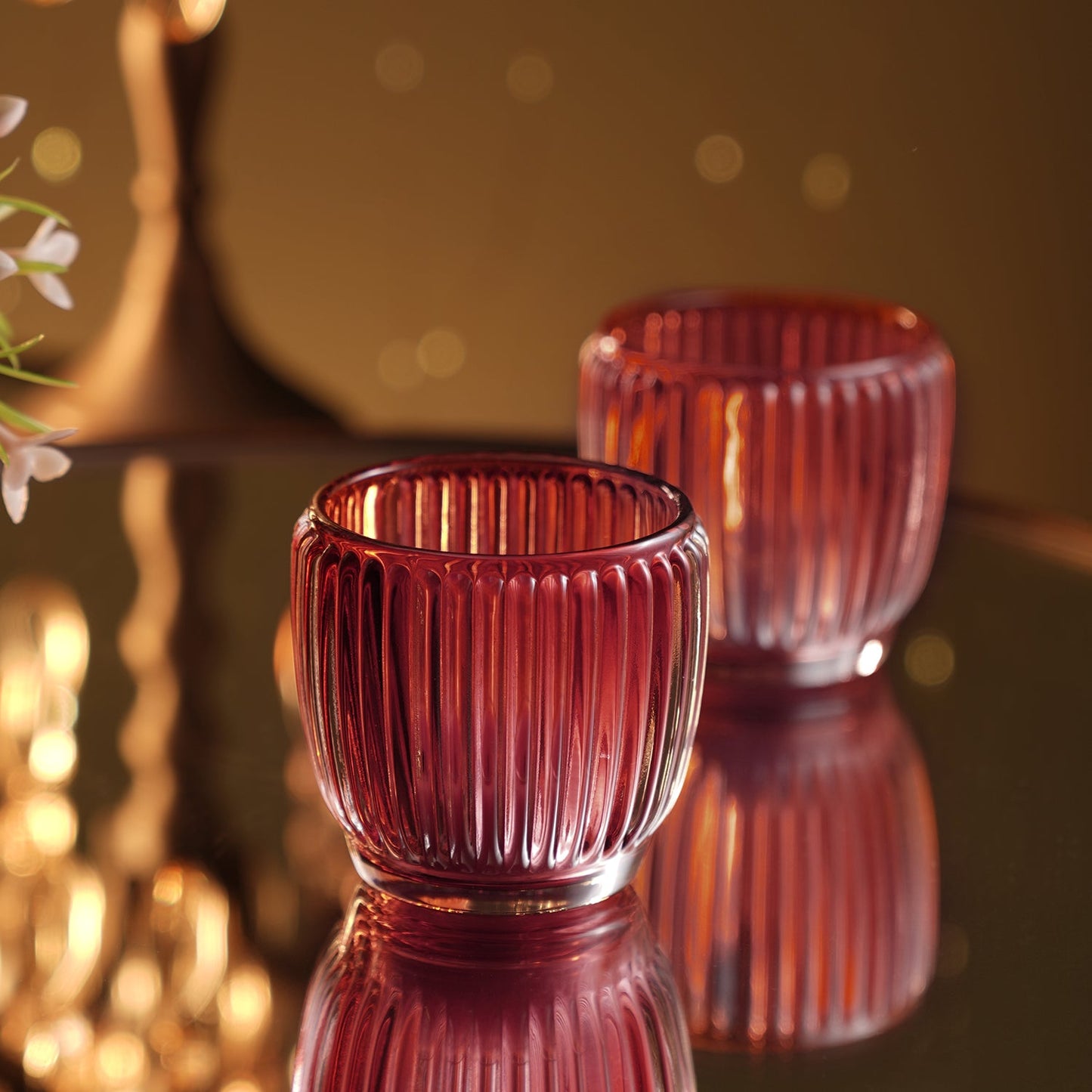 Set of 4 Maroon Glass Ribbed Tealight Holders - Small