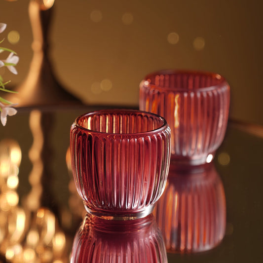 Set of 4 Maroon Glass Ribbed Tealight Holders - Small