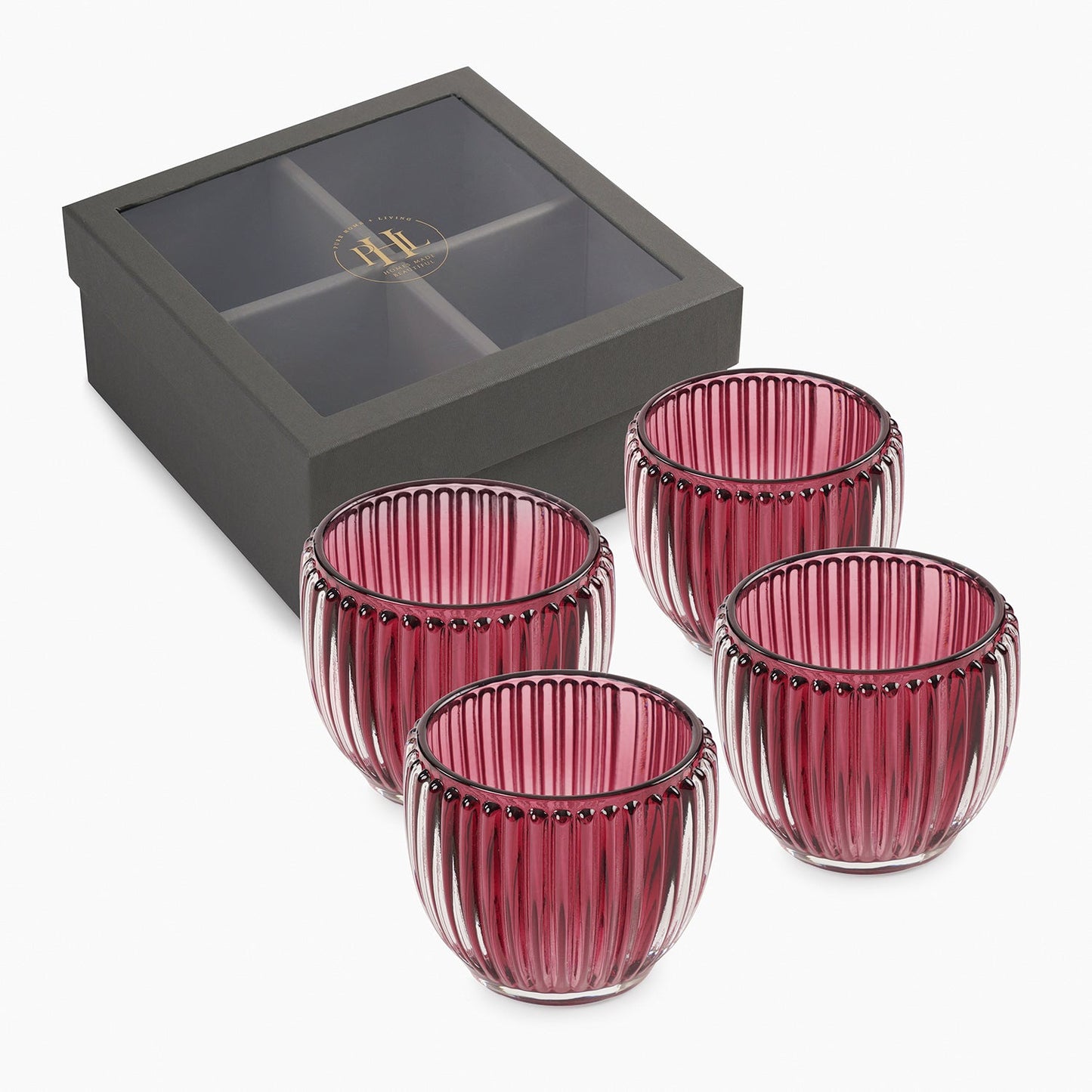 Set of 4 Maroon Glass Ribbed Tealight Holders - Small