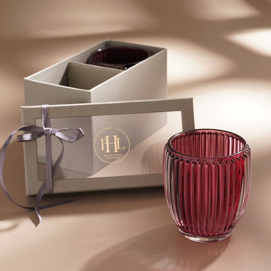 Set of 2 Maroon Glass Ribbed Tealight Holders - Large