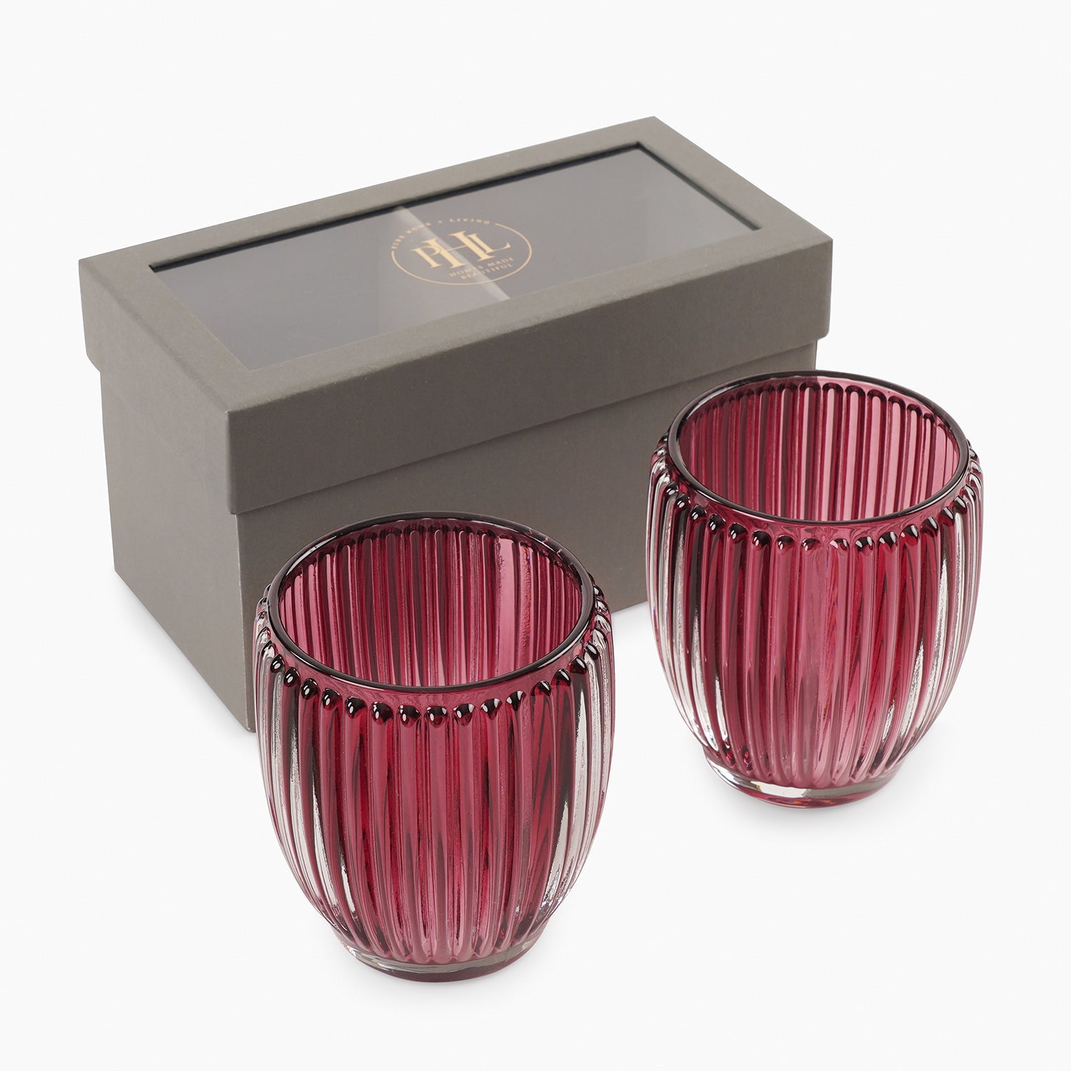 Set of 2 Maroon Glass Ribbed Tealight Holders - Large