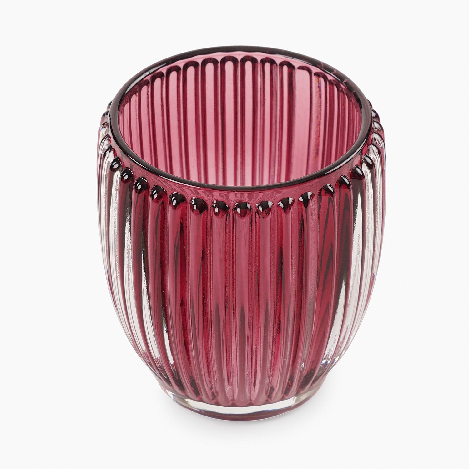 Set of 2 Maroon Glass Ribbed Tealight Holders - Large
