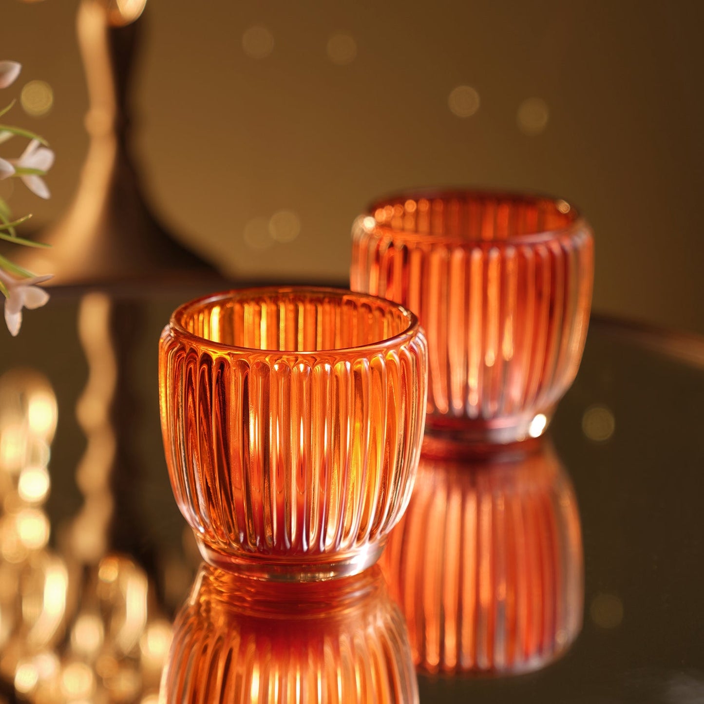 Set of 4 Orange Glass Ribbed Tealight Holders - Small