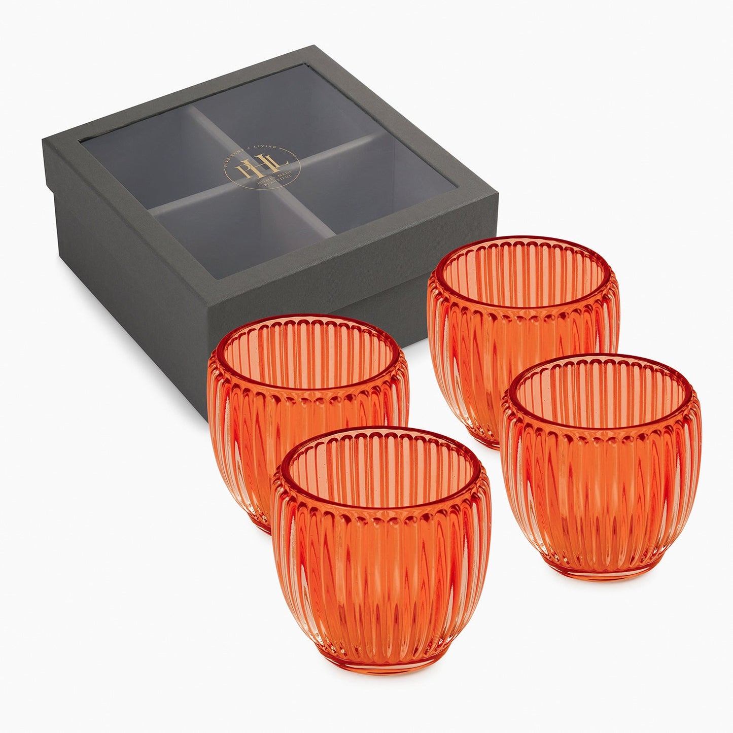 Set of 4 Orange Glass Ribbed Tealight Holders - Small