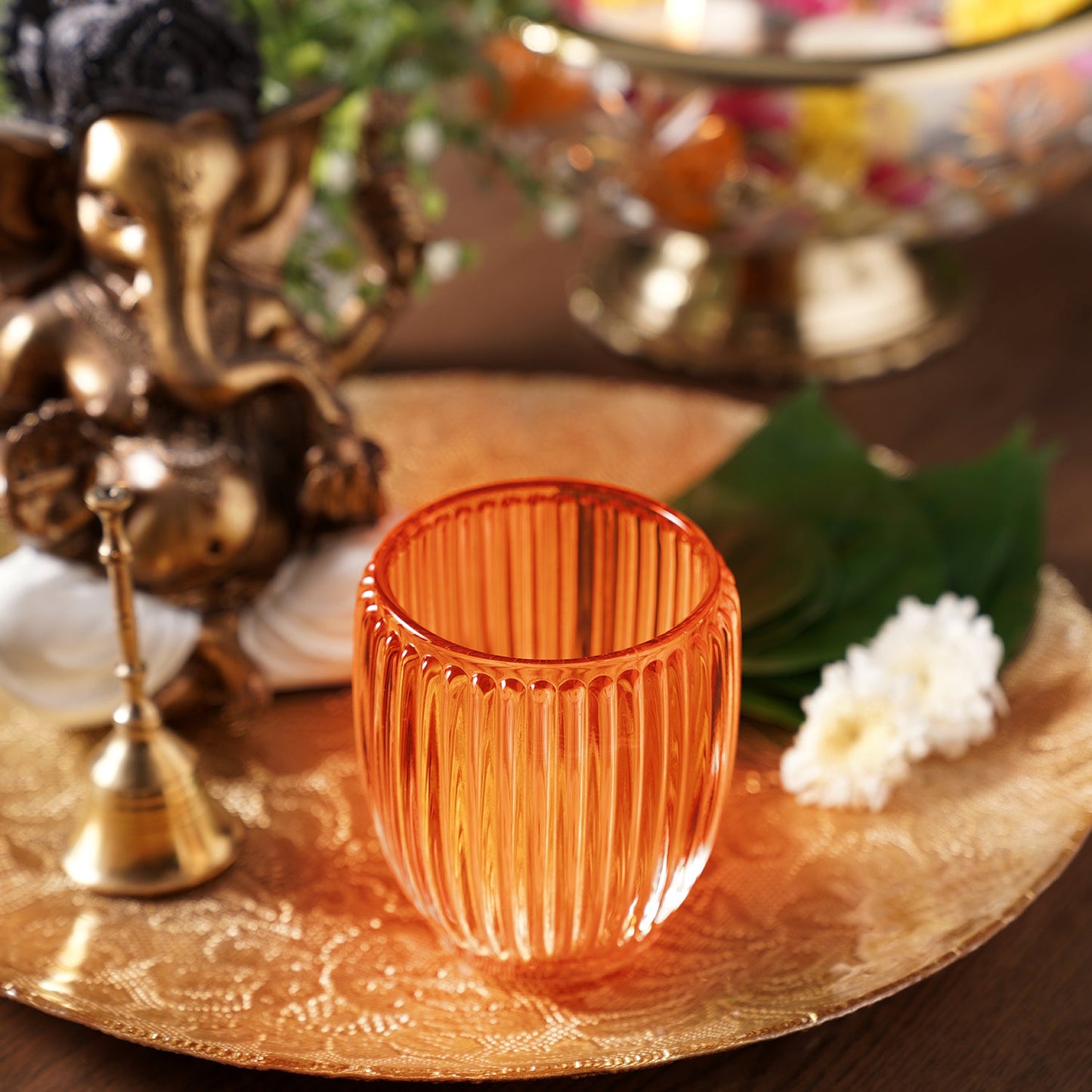 Set of 2 Orange Glass Ribbed Tealight Holders - Large