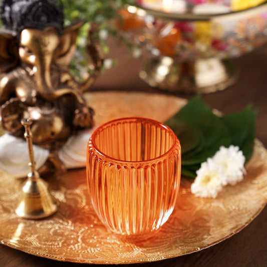 Set of 2 Orange Glass Ribbed Tealight Holders - Large