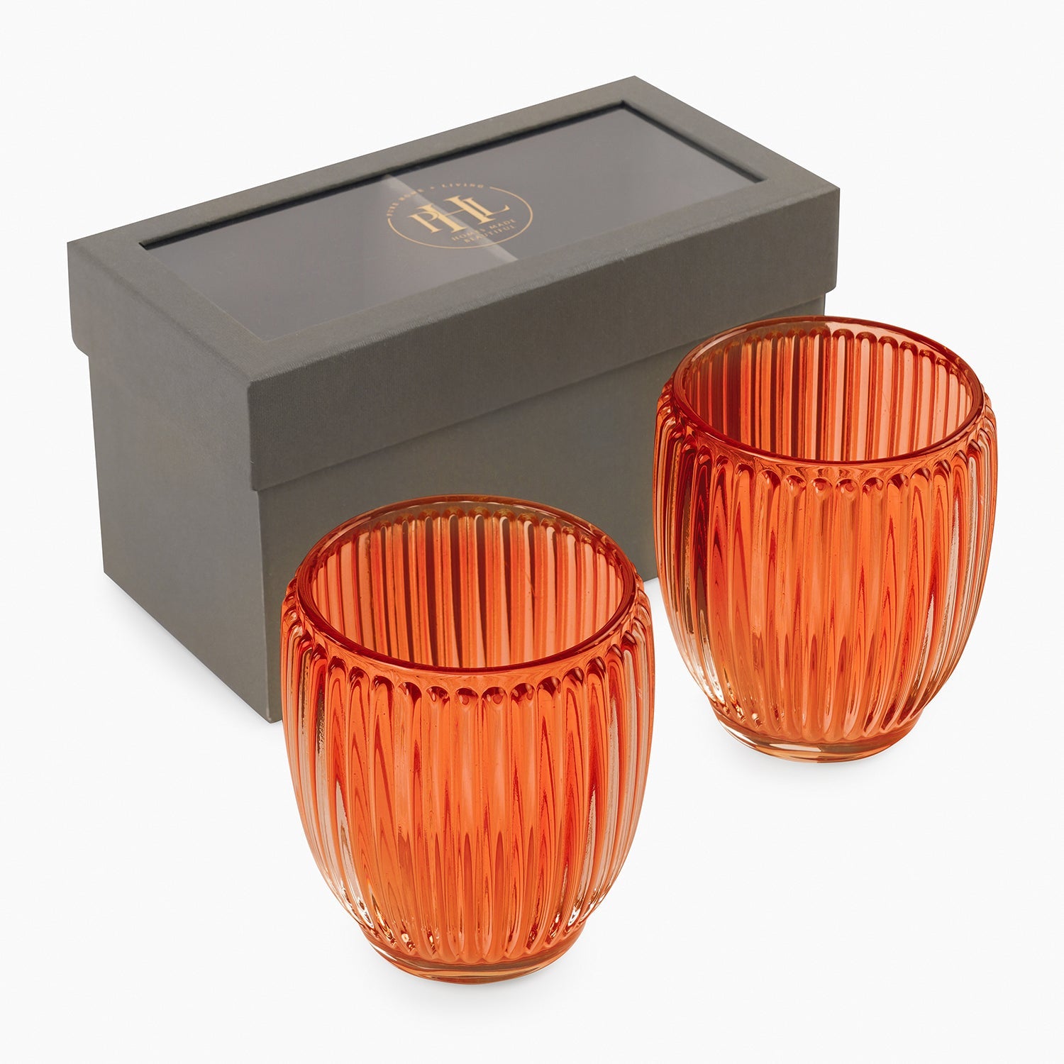 Set of 2 Orange Glass Ribbed Tealight Holders - Large